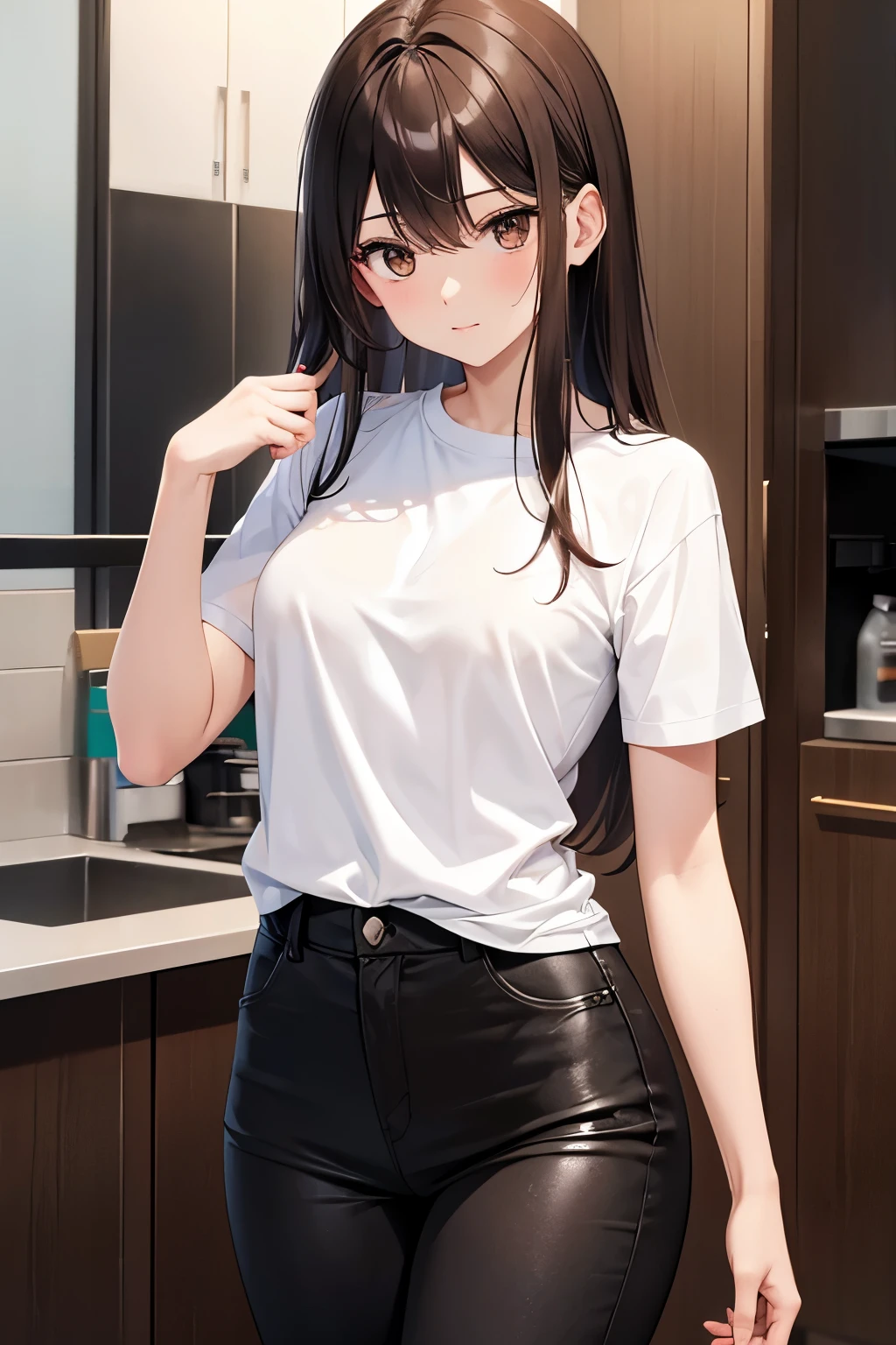 best quality, highres,1 woman,Slender、small face、brown eyes、tall、Brown hair BREAK、long hair、White short sleeve T-shirt BREAK、(Black skinny with no shine:1.2)、(beautiful woman:1.5)、25 years old、Mature
