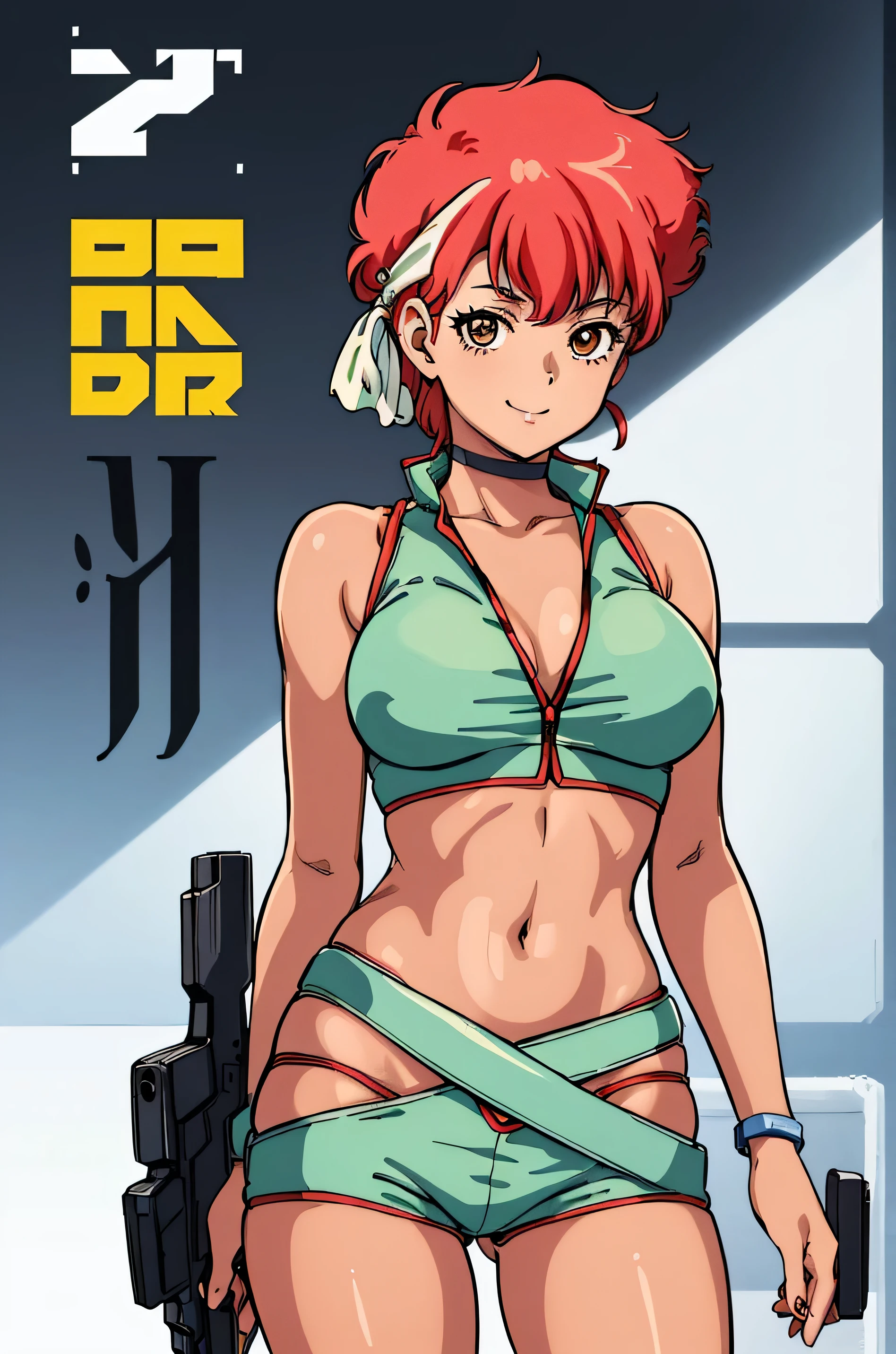 masterpiece, highest quality, High resolution, 4k, 8k, (1980s \(style\):1.1), cowboy shot, ((Dirty Pear Kay)), alone, 1 girl, tan, tanLINES, smile, looking at the viewer, put your hands on your hips, head band, uniform, crop top , Attach the gun holder to your waist, (Hold the gun, futuristic, On the left hand), face-to-face audience, looking at the viewer,