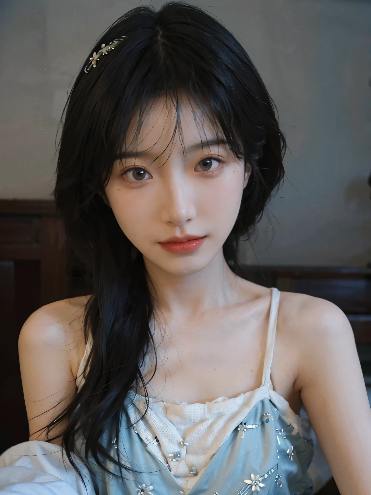 Film portrait photography, 2 girls, 2 girls,twin,bare shoulders, Shoulder length wavy hair, Snow-white cheongsam,(Realistic and detailed eyes, natural skin texture, Realistic facial details),, depth of field, Bokeh, Vibrant details, Detailed and detailed, Surrealism, 35mm film, hazy, ,Selfie,
