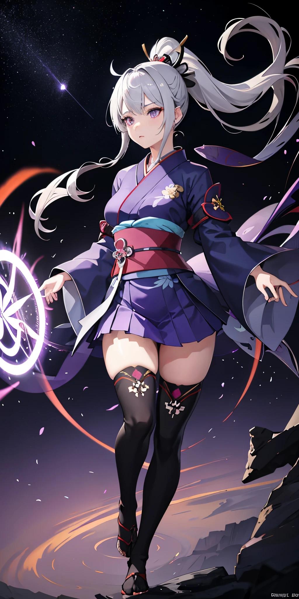 1 girl, kimono, ponytail ,gray hair, purple eyes, magic circle, blue fire, blue flame, wallpaper, landscape, Blood, Blood splatter, Depth of the bounds written, night, particles of light, light, side light, thighs, destiny \(series\), genshin impact, ****, open jacket, skirt, Thighhighs, cloud