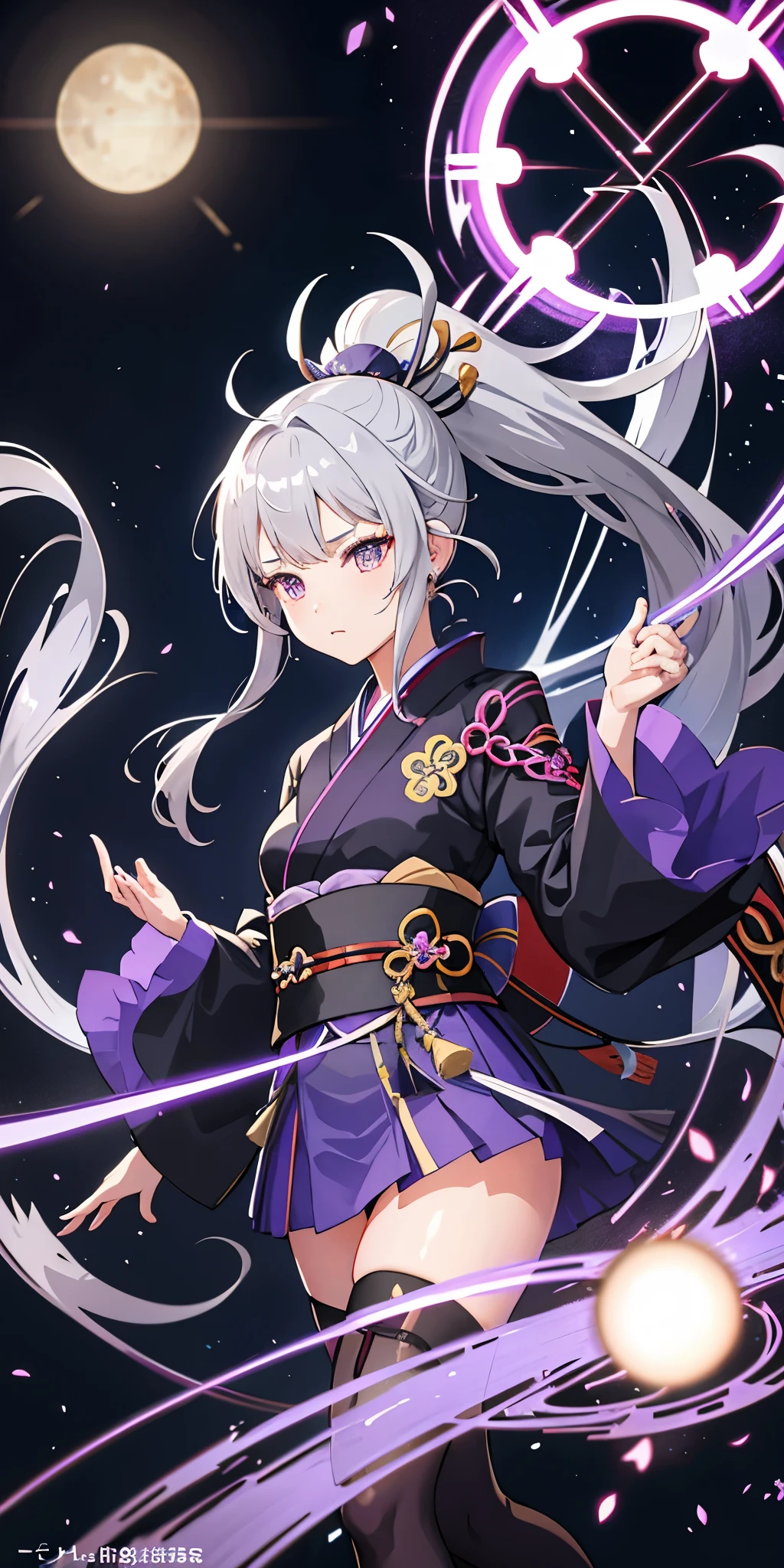1 girl, kimono, ponytail ,gray hair, purple eyes, magic circle, blue fire, blue flame, wallpaper, landscape, Blood, Blood splatter, Depth of the bounds written, night, particles of light, light, side light, thighs, destiny \(series\), genshin impact, ****, open jacket, skirt, Thighhighs, cloud