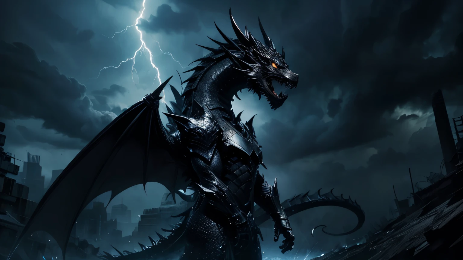 Black Dragon, Dark Sky, Thunder, Rain, Powerfull, High Details, Ultra HD, 4K