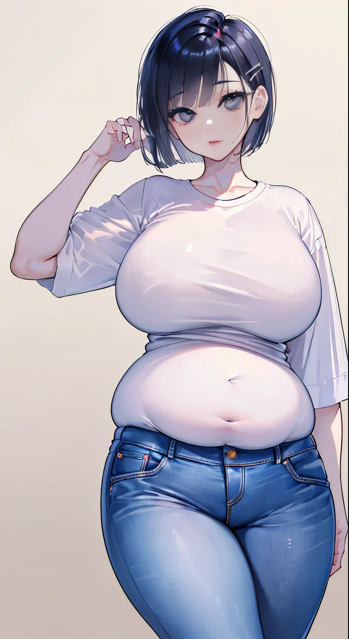 "(perfect masterpiece:1.2), (highest quality:1.2), stunning face, compensate, long and luxurious eyelashes, lip whole, irresistible charisma.",belly button,(((mature woman))),(((very short hair))),stomach,raised his arms,NSFW,(((Chubby))),((((shirt))),hair clip,wallpaper,black hair,pixie cut,very long bangs,hair between eyes,((((Are fat)))),((((Mother)))),lipstick,jeans