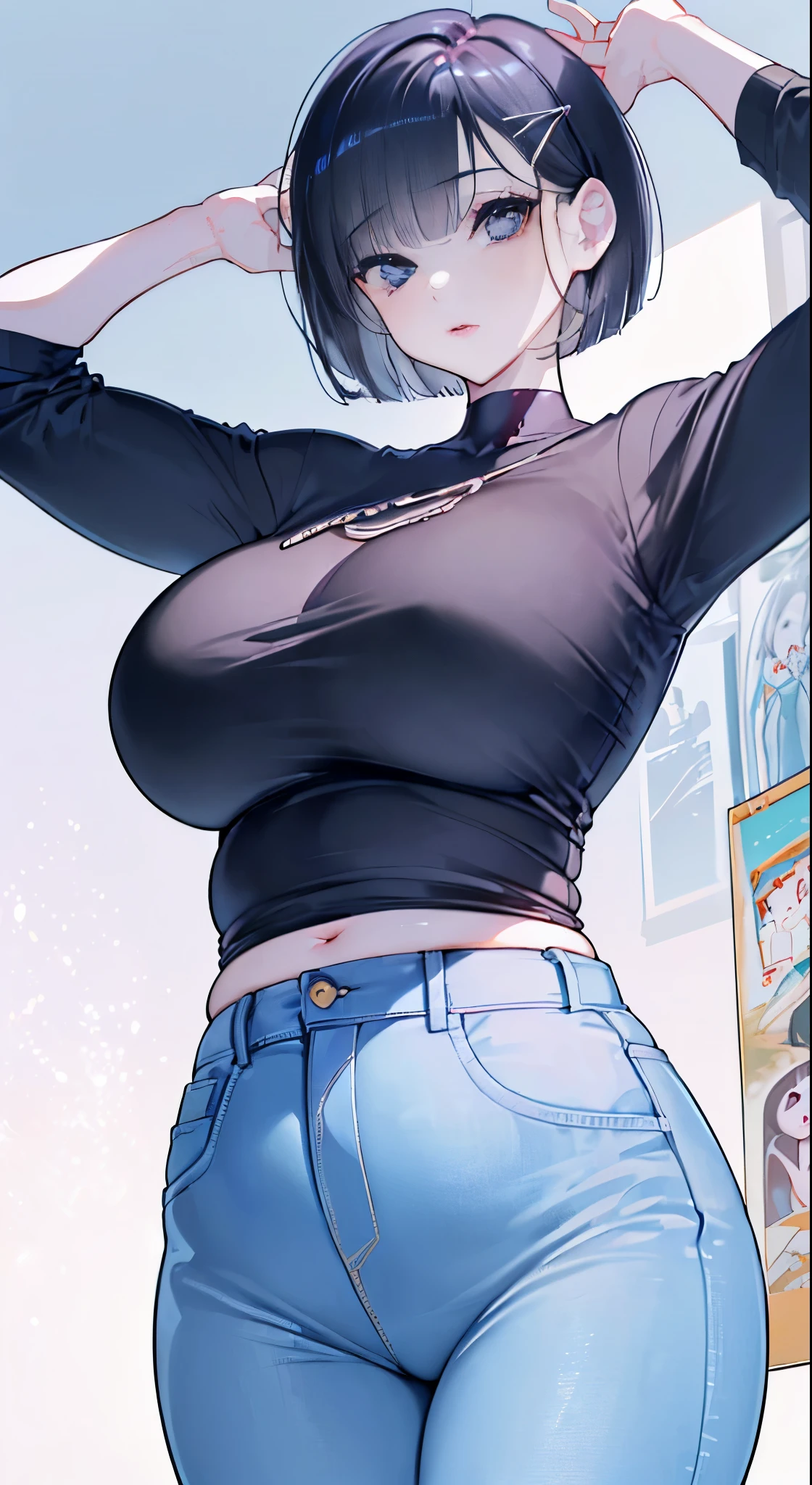 "(perfect masterpiece:1.2), (highest quality:1.2), stunning face,  compensate, long and luxurious eyelashes, lip whole, irresistible charisma.",belly button,(((mature woman))),(((very short hair))),stomach，raised his arms,NSFW,(((Chubby)))，((((shirt)))，hair clip，wallpaper，black hair，pixie cut，very long bangs，hair between eyes，((((Are fat))))，((((Mother))))，lipstick，jeans