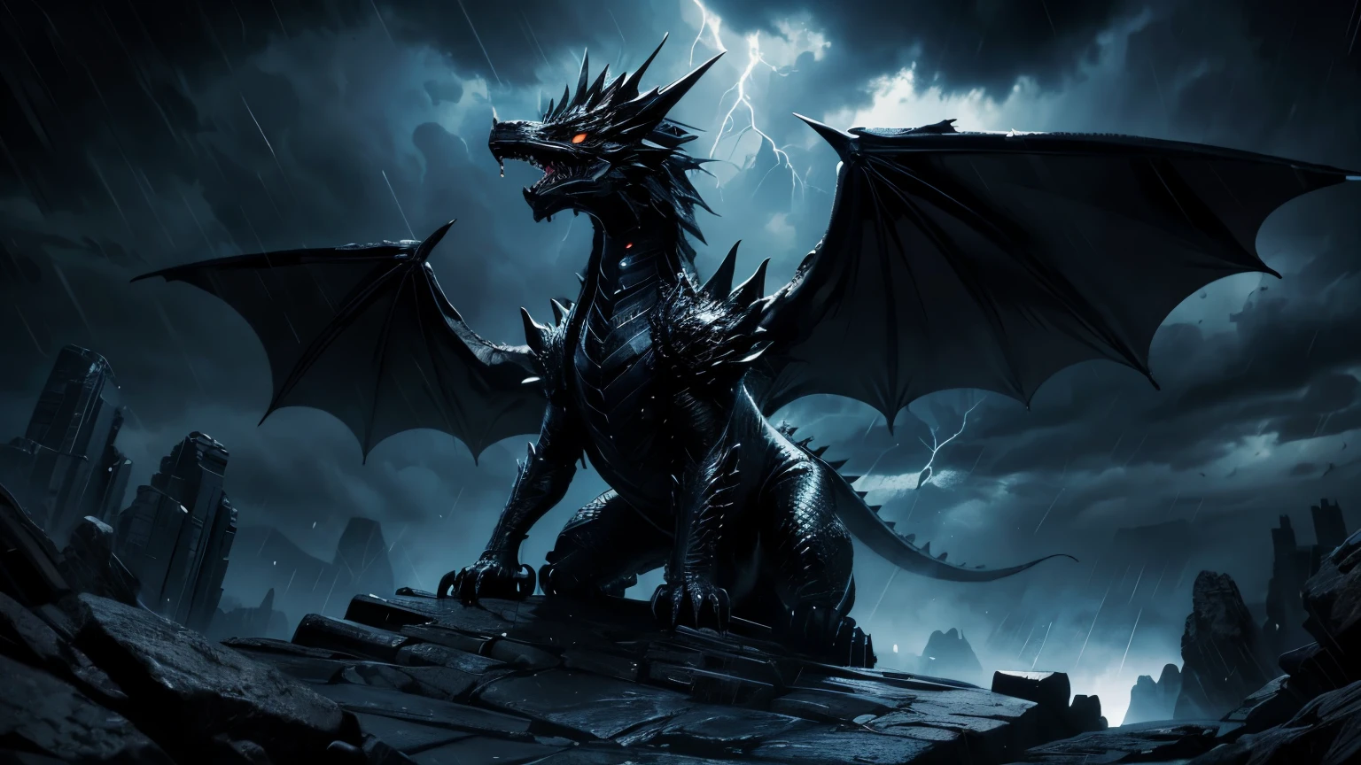 Black Dragon, Dark Sky, Thunder, Rain, Powerfull, High Details, Ultra HD, 4K