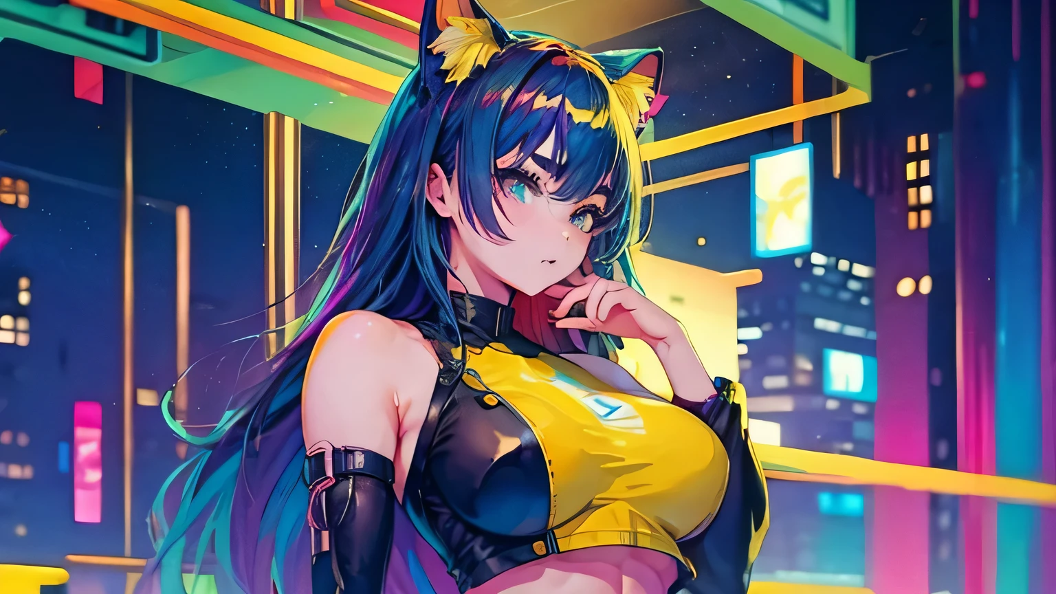 4K, A high resolution, Best quality at best, masterpiece, perfect colors, perfect shadow, perfect litthing, ((sportrait)), 1woman, fit-muscled body, bright yellow eyes,dark blue hair , blue eyes, With round lenses, The audience watched carefully, (s face: 1.2), Perfect female figure, ((standing)), ((yellow Tight crop top leather suit)), ((shy and looking at viewert)), (Perfect thick white eyebrows) Delicate fur, 详细s face, s the perfect face, At a fantasy cyberpunk city , (model pose standing), energetic background, perfect city skyscape, lighting atmosphere, ((Bonifasko lighting)), (The round lenses on his eyes)(詳細な目), Perfect student, face close up