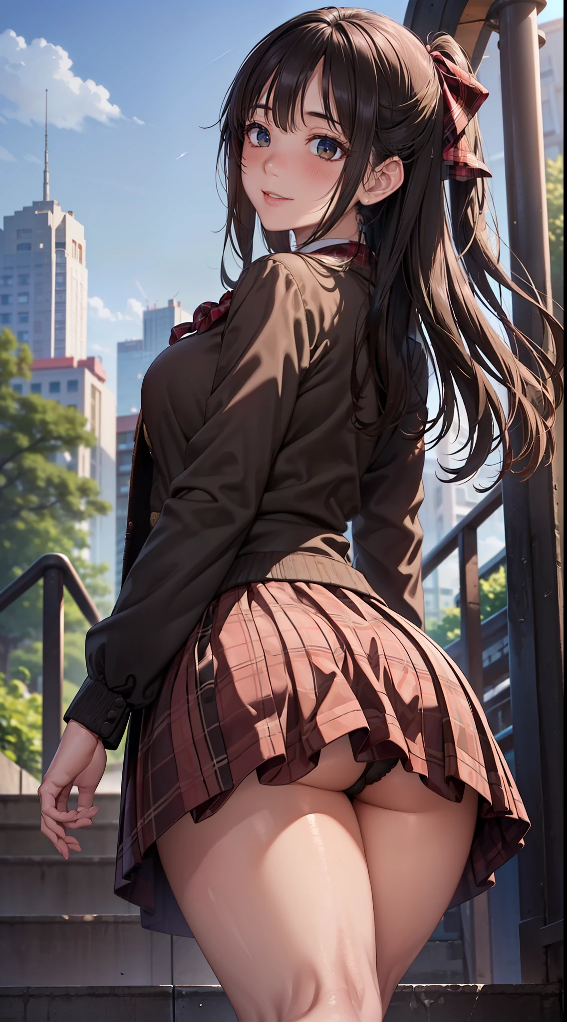 ((table top, highest quality, High resolution, nffsw, perfect pixel, 4k, nffsw, nffsw))), 1 girl, single, alone, beautiful woman、I could see the whole body、 ((middle wavy hair, bangs, black hair)), ((brown eyes, beautiful eyelashes, realistic eyes)), ((detailed face, blush:1.2)), ((smooth texture:0.75, realistic texture:0.65, realistic:1.1, Anime CG style)), big breasts, dynamic angle, perfect body, ((red bow tie, school uniform, black jacket, open jacket, brown cardigan, white shirt, black skirt, plaid skirt)), city stairs、Looking up from the bottom of the stairs、Very embarrassing panic smile, looked back、lean forward、(The wind flipped my skirt and exposed my butt........................、touch your butt with both hands、red thong)、big ass、big thigheat々Shishi ass, butt sticking out pose,sunburned skin,pink floral lace panties