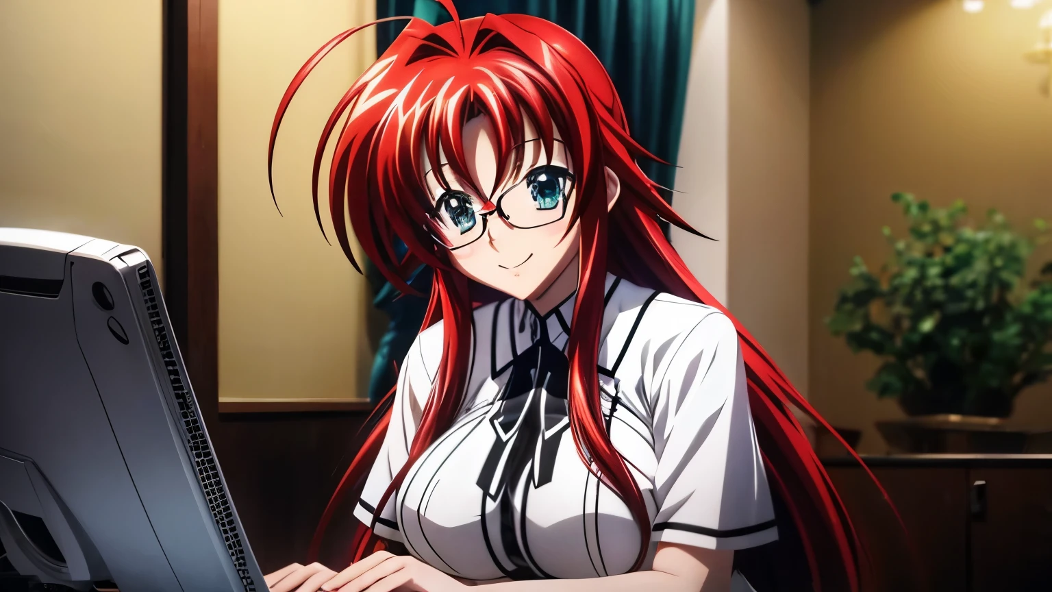 Rias gremory, ahoge, Big breasts, Beautiful eyes, Smiling, Happy face, Large white t-shirt, Round glasses, Typing on a computer, High quality