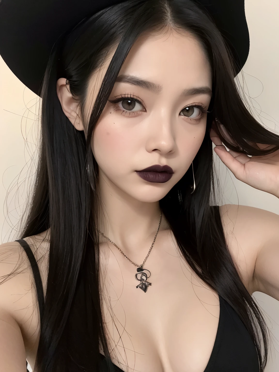 Kim Jennie con el cabello negro oscuro, con rulos en las puntas del cabello negro oscuro, con un ganchito de estrella en el cabello negro oscuro, ojos de color claro, ojos bonitos, ojos llorosos, nariz bonita y respingada, labios bonitos, labios rosas, heart and cupid shaped lip, piel bonita, pale, piel blanca, con lunares y pecas en todo el rostro, rubor rosa suave en las mejilla, rubor rosa natural, dark and gothic makeup, Jennie gotica, mientras ella esta con un chico lindo a su lado, with a cute asian boy standing next to her, mientras hay un torso de hombre, mientras el hombre'His hand is on his jaw.., manos bonitas de hombre, with a gothic boy, cuellos bonito, cuello marcado, frown, mirada enojada, con un collar de beso, un collar bonito de beso, mientras muestra sus pechos desnudos, mientras tiene los pezones con dos corazones de papel rosa, tiene los pezonnes con corazones de papel rosa (pechos grandes, pechos suaves, pechos bonitos, pechos naturales), con un chico a su lado, con su novio, mirando a la camara, autofoto