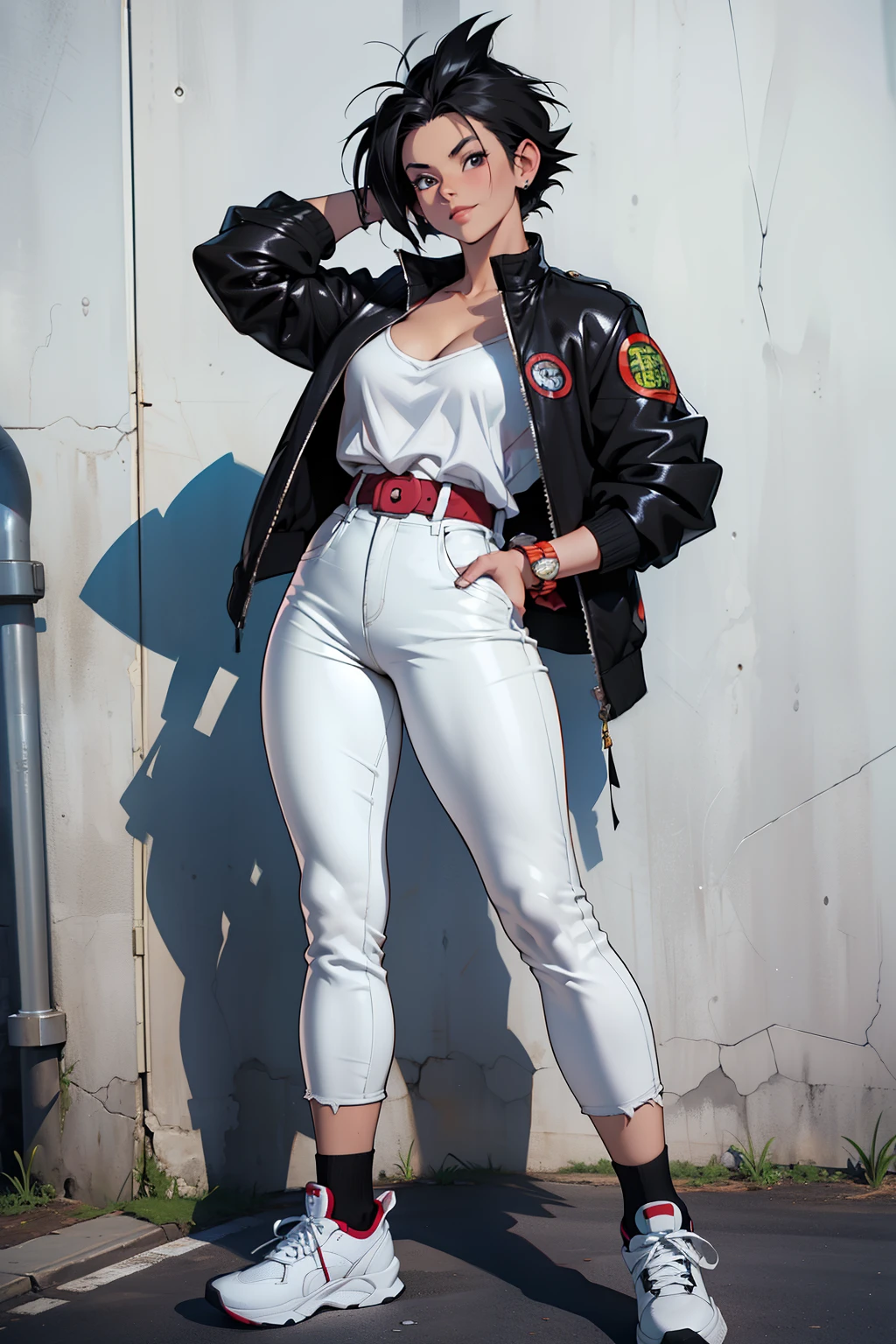 (Masterpiece, Photorealistic, Girl Videl from Dragon Ball GT, Detailed, Full body view, Short bob hair, White blouse, Tight black pants with fitted waist, Black gloves with obscure wrists, Dark short sports jacket, Sneakers, Light smile)
A masterpiece photorealistic image of Girl Videl from Dragon Ball GT. Her full body is captured, showing her wearing a detailed white blouse and tight black pants with a fitted waist. Her short bob hair frames her face, and she wears black gloves that cover her wrists with obscure details. A dark short sports jacket is draped over her shoulders, and she wears sneakers on her feet. A light