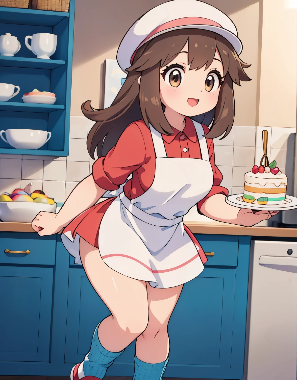 (best quality,4k,8k,highres,masterpiece:1.2), ultra-detailed, realistic:1.37, HDR, studio lighting, vivid colors, bokeh, baking, happy girl, full body, pokemon leaf, visible thighs, red skirt, blue shirt, brown eyes, loose socks, white footwear, upskirt, pink panties, body shape, chubby thighs, thick thighs, detailed eyes, detailed lips, long eyelashes, girl in the kitchen, birthday cake, joyful atmosphere, colorful ingredients, homemade, delicious aroma, organized kitchen, baking tools, beautiful apron, flour-covered hands, whisking batter, creamy frosting, sprinkles, birthday decorations, candles, baking tray, oven, chef's hat, baking thermometer, well-decorated cake, celebration, happiness