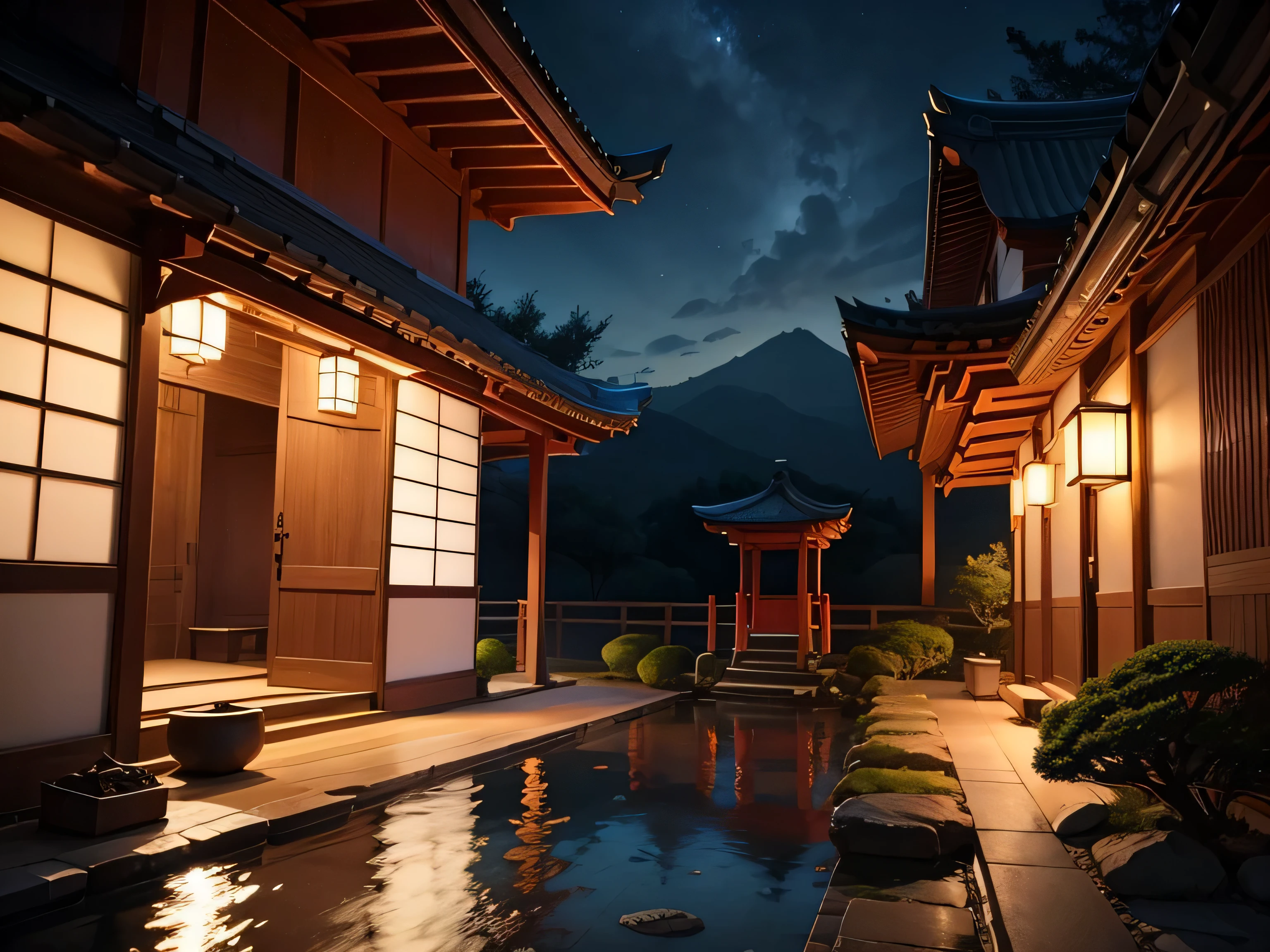 Temple japonais de nuit  pret d'une cascade