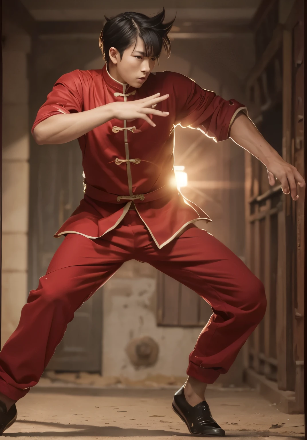 Masterpiece, kungfu boy, ultra realistis, real skin, red clothes, martial art, jungle background