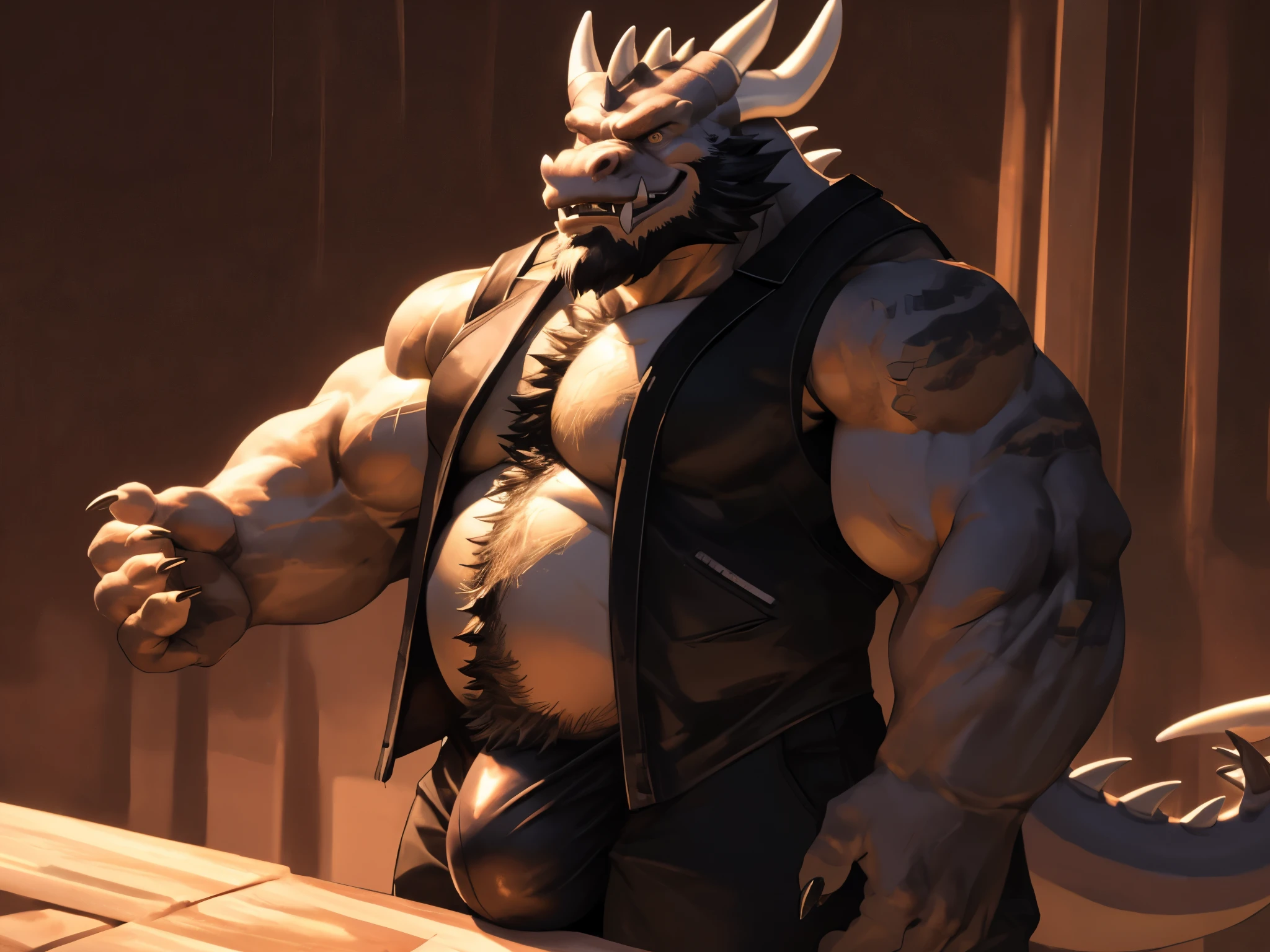 Big breasts, male,Strong, huge bulge,Dragon horns and claws,fangs,chubby, hairy, Very plump, middle aged , mouth covering mustache,thick beard, Tempting , detailed , Half body , tight vest, very sexy,alone