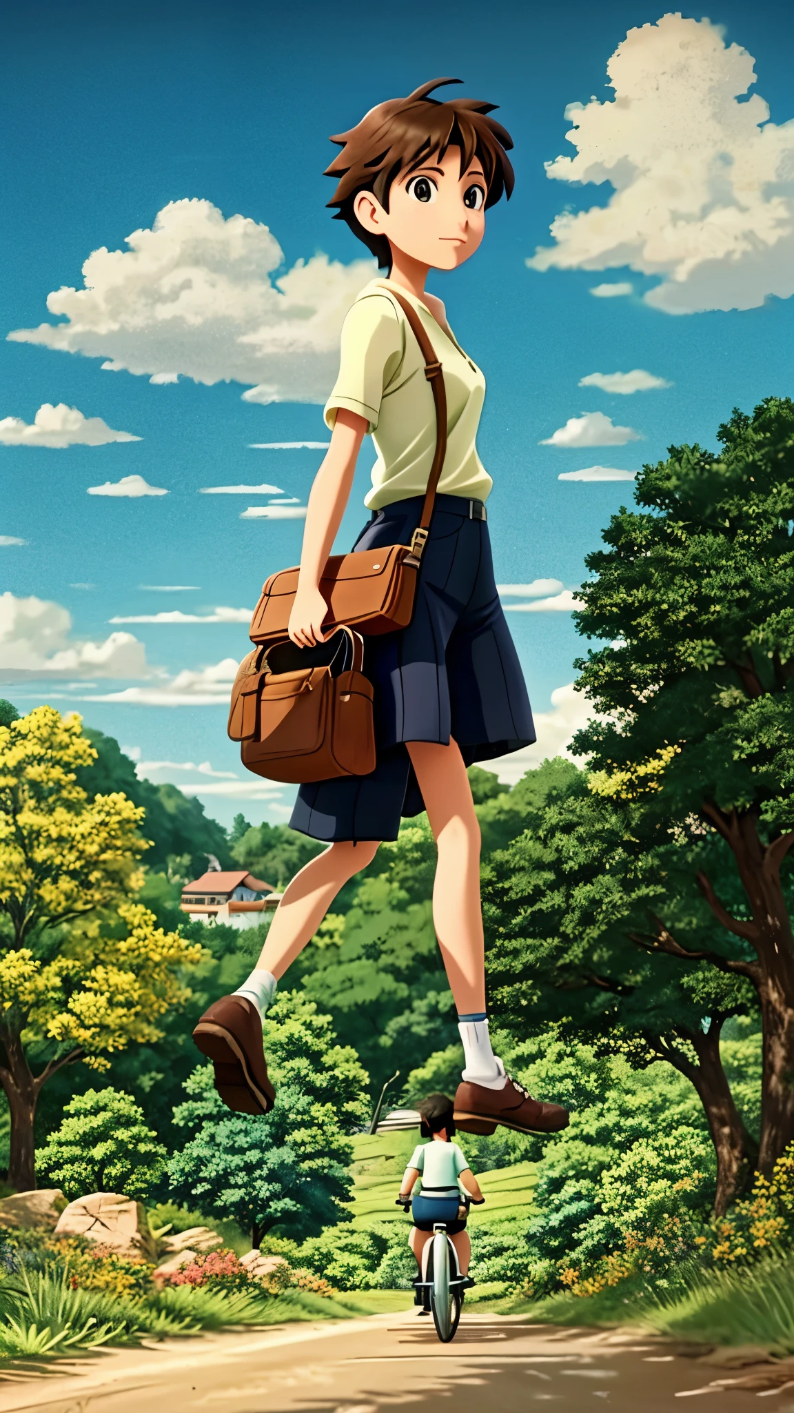 A picture of a woman riding a bicycle on a dirt road, anime countryside scenery, Beautiful peace scene in anime, beautiful anime scene, ( ( Makoto Shinkai ) ), Drawn at Anime Painter Studio, in style of Makoto Shinkai, Created at Anime Artist Studio, ghibli anime style, ghibli anime style style, anime movie background, beautiful anime scenery, anime background