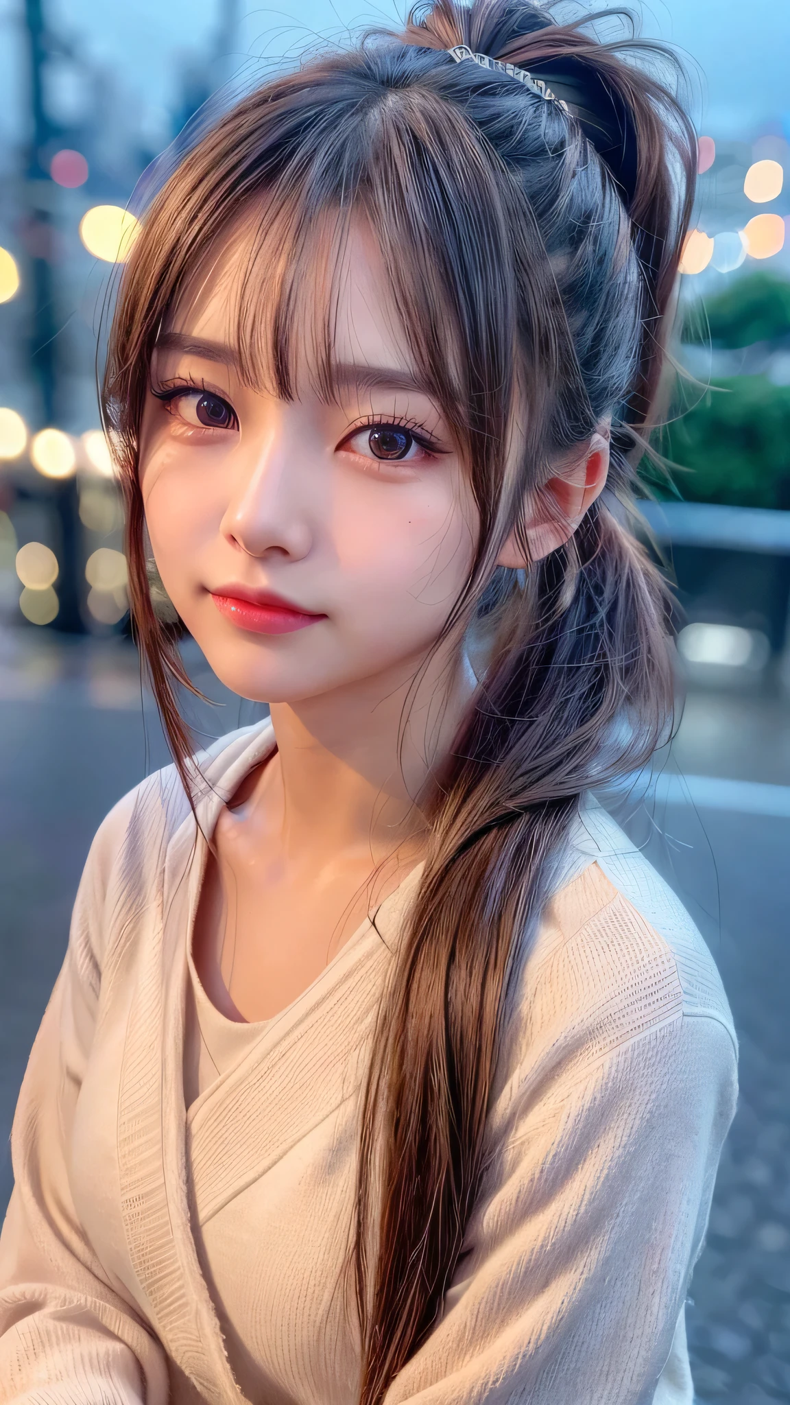 blush,14 years old,small breasts,winter,european cityscape,night,long hair ponytail,outdoors,warm winter clothes,wearing a hoodie with a hood,wearing jeans,close up of face,((8K, Raw photo, best quality, muste piece:1.2), (Reality, photorealistic:1.4), (Highly detailed 8K wallpaper), Depth of the bounds written, cinematic lighting, soft light, detailed beauty eye,Shiny and smooth light brown ponytail, asymmetrical bangs, shiny skin, super detailed skin ,high resolution, high detail, detailed hairstyle, detailed beauty face, hyper real, perfect limbs, perfect anatomy ,1 Japanese girl,famous japanese idol, perfect female body,shy smile,short eyelashes,double-edged eyelids,look straight here,Hair style is ponytail,