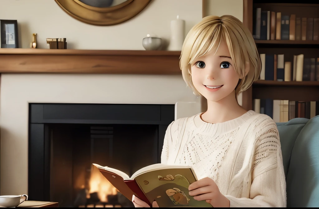 masterpiece、highest quality、small reading a picture book、There's a fire in the fireplace、sitting on a sofa in a warm room、blonde girl、Fluffy short hair、Smiling happily、knitted clothes