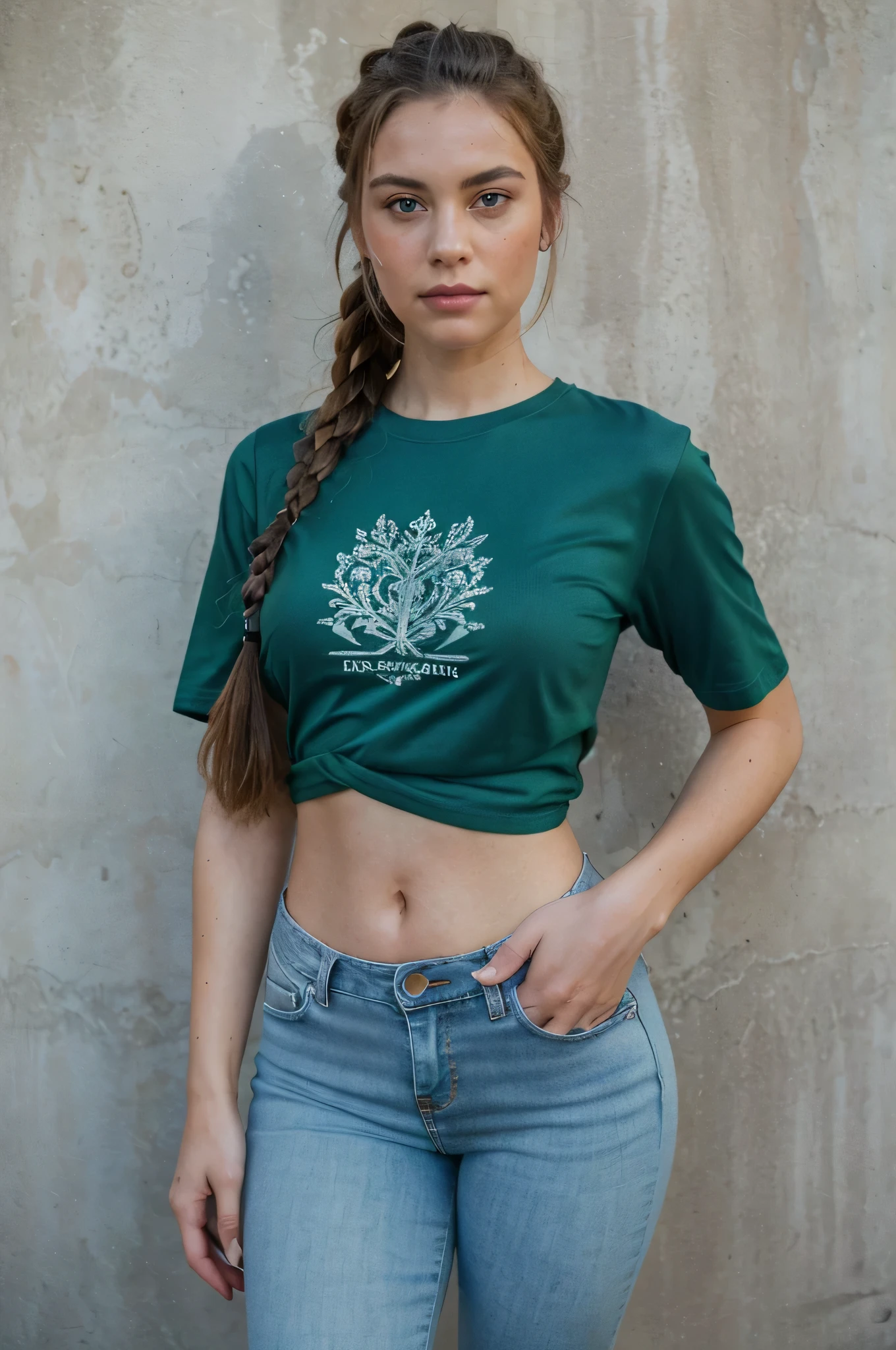 ((best quality)), ((masterpiece)), (detailed), perfect face, a photo of a seductive woman with styled viking braids brown hair,full body, posing, in the background a concrete wall, she wearing an emerald green t-shirt, very tight jeans, hands in pockets, big , intricate details, goosebumps, flawless face, shy, prude, (light freckles:0.9), ((photorealistic):1.2), raw