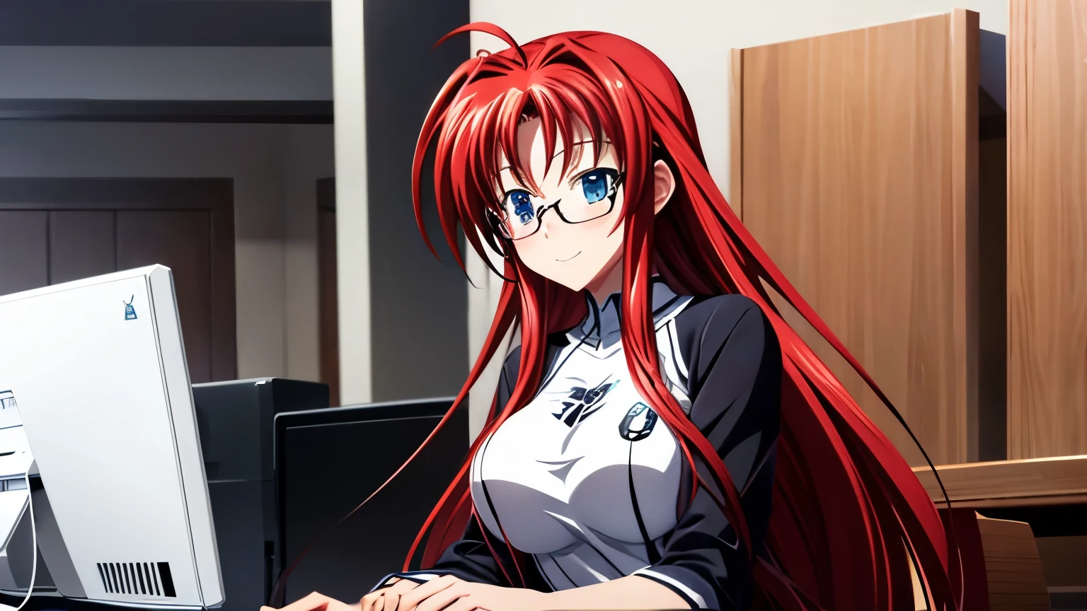 Rias gremory, ahoge, Big breasts, Beautiful eyes, Detailed eyes, Smiling, Happy face, Large white t-shirt, Round glasses, Playing on the computer, Gamer computer, Gamer headset, High quality
