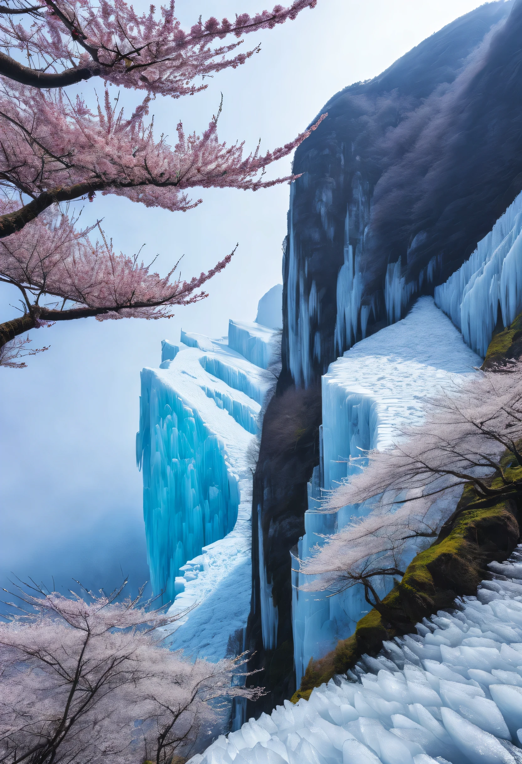 There are hundreds of feet of ice on Plum Grove cliffs，There are still flowers and branches。