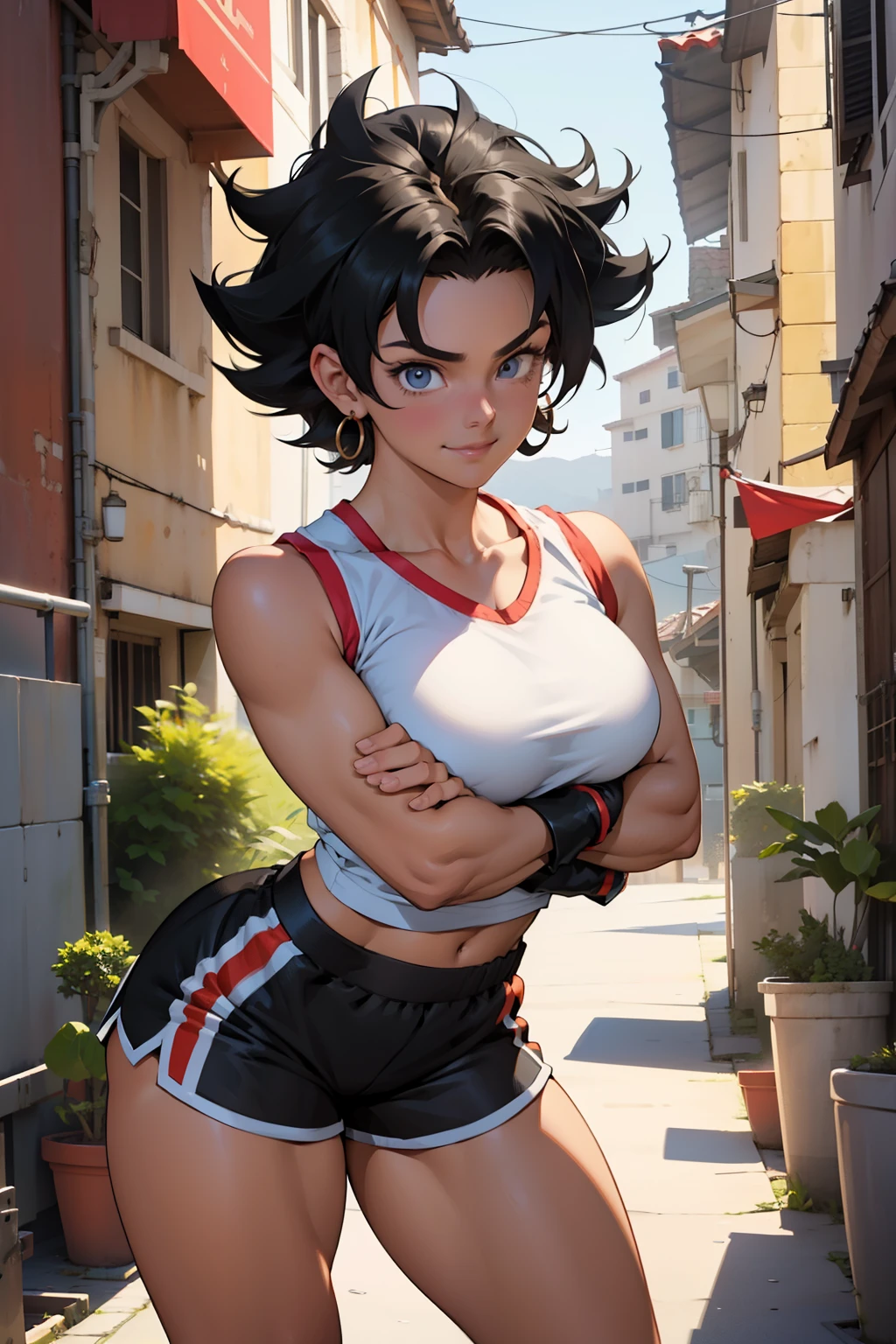 Cinematic Still of Videl from Dragon Ball GT, wearing a white sleeveless top, short, black shorts, and black shoes with a light smile on her face. Detailed, photorealistic masterpiece: 1.2 (Best Quality, 4k, 8k, high resolution). A close-up view of Videl's pieza maestra figure, with her short curly hair framing her face. Her cuerpo completo figure is posed with her arms crossed, showing her white sleeves and the outlines of her hands. The short, obscuro deportivo top reveals the details of her toned abdomen. Her feet, with their black shoes and the visible