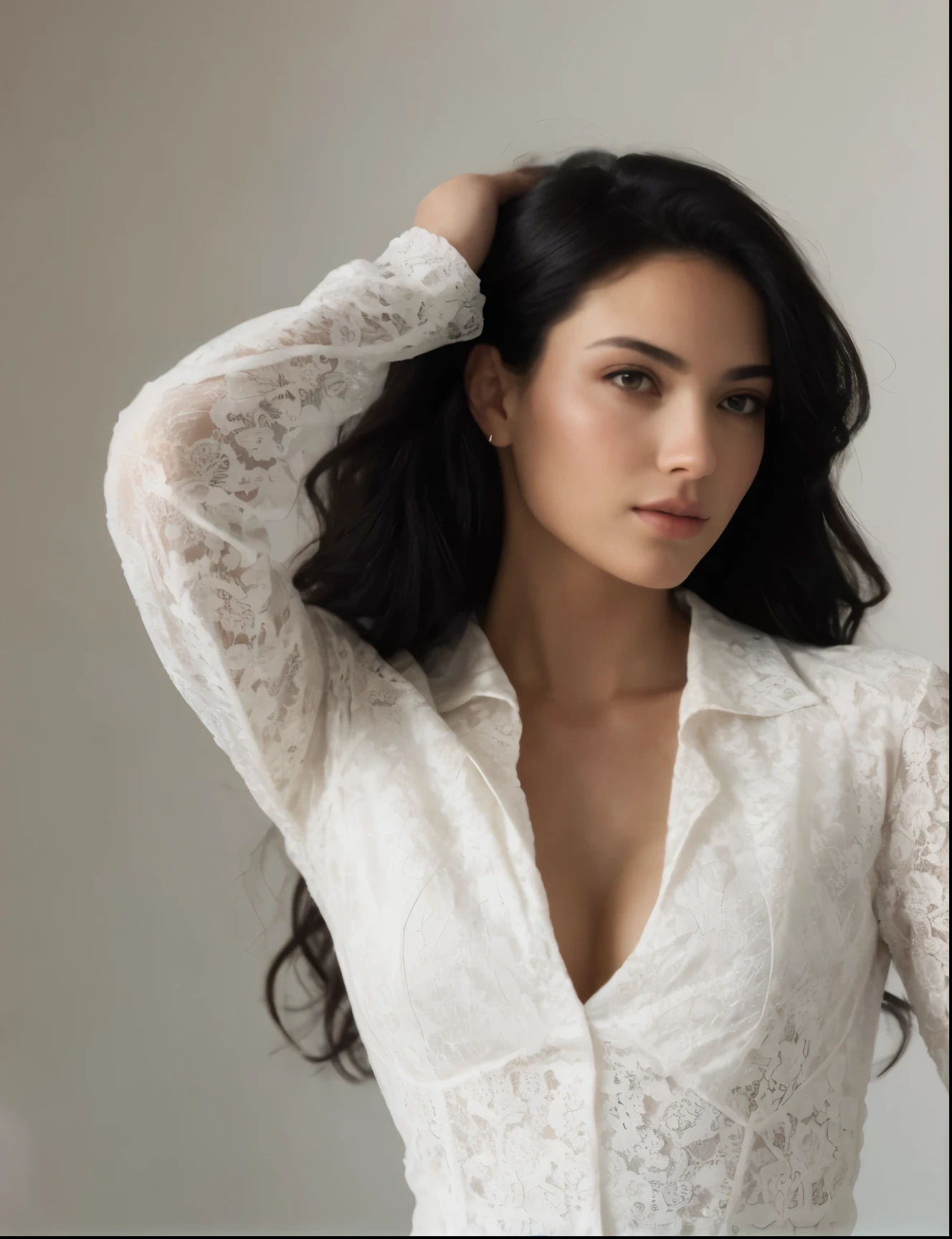 Create an image of an elegant woman with long black hair and striking features. She is wearing a detailed white lace blouse with a deep neckline, embodying a look of confidence and allure. medium breasts. The background is minimalist and modern, with soft, neutral colors to emphasize her as the focal point. She is posing with one hand gently lifting her hair, capturing a moment of sophisticated beauty. The lighting is soft and natural, highlighting the intricate patterns of her lace garment and giving a serene ambiance to the composition."