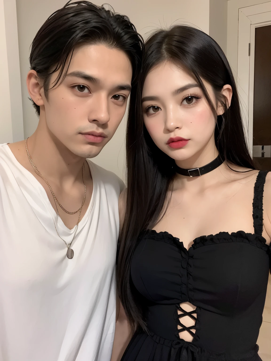 Kim Jennie con el cabello negro oscuro, con rulos en las puntas del cabello negro oscuro, con un ganchito de estrella en el cabello negro oscuro, ojos de color claro, ojos bonitos, ojos llorosos, nariz bonita y respingada, labios bonitos, labios rosas, heart and cupid shaped lip, piel bonita, pale, piel blanca, con lunares y pecas en todo el rostro, rubor rosa suave en las mejilla, rubor rosa natural, dark and gothic makeup, Jennie gotica, mientras ella esta con un chico lindo a su lado, with a cute asian boy standing next to her, mientras hay un torso de hombre, mientras el hombre'His hand is on his jaw.., manos bonitas de hombre, with a gothic boy, cuellos bonito, cuello marcado, frown, mirada enojada, con un collar de beso, un collar bonito de beso, mientras sus pezones son notorios (pechos grandes, pechos suaves, pechos bonitos, pechos naturales), con un vestido blanco, vestido corto y transparente, visible on the nipple, con un chico a su lado, con su novio, mirando a la camara, autofoto