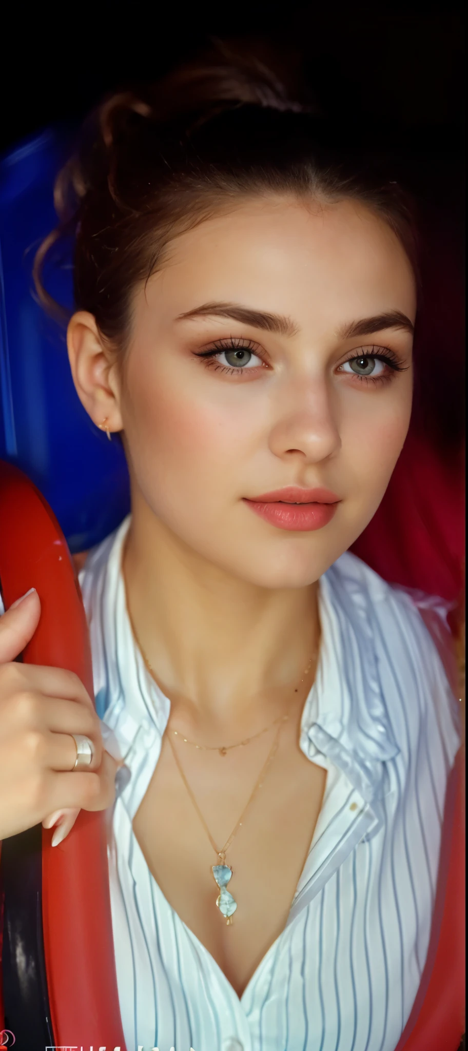 Blond dark brown hair, (RAW photo), (realism: 1.8), (gloss red lipstick, many eyelashes, dark black eye shadow, shy, blushing, high quality, high resolution, beach depth of field, chromatic aberration, caustic, wide light, dark pink fair glossy skin, (21 year old woman), stylish college girl, only pink bikini, lots of exposure, pose, visible 8k resolutions,
