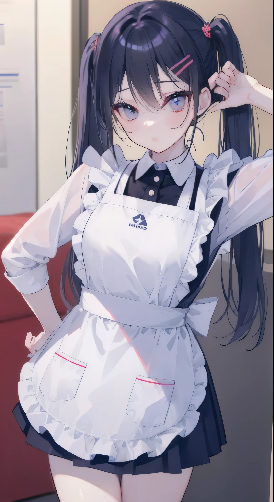 "(perfect masterpiece:1.2), (highest quality:1.2), stunning face,  compensate, long and luxurious eyelashes, lip whole, irresistible charisma.",(((mature woman))),(((twin tails)))，raised his arms,NSFW,(((Chubby)))，((((apron)))，hair clip，wallpaper，black hair，very long bangs，hair between eyes，(((Are fat)))，((((Mother))))，lipstick，jeans，((((side))))