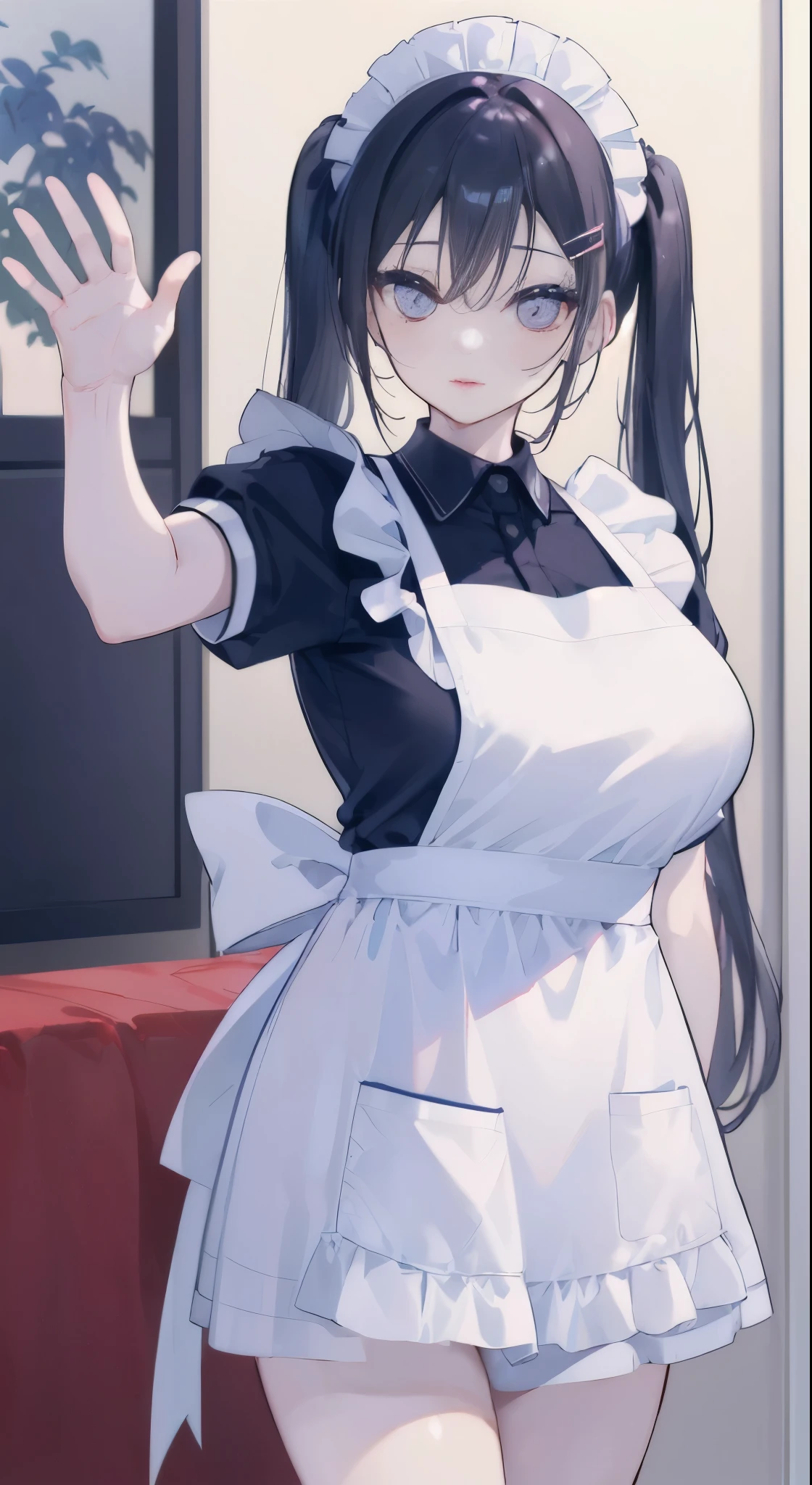 "(perfect masterpiece:1.2), (highest quality:1.2), stunning face, compensate, long and luxurious eyelashes, lip whole, irresistible charisma.",(((mature woman))),(((twin tails))),raised his arms,NSFW,(((Chubby))),((((apron))),hair clip,wallpaper,black hair,very long bangs,hair between eyes,(((Are fat))),((((Mother)))),lipstick,jeans,((((side))))