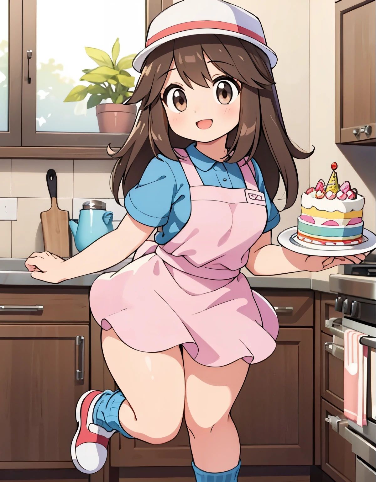 (best quality,4k,8k,highres,masterpiece:1.2), ultra-detailed, realistic:1.37, HDR, studio lighting, vivid colors, bokeh, baking, happy girl, full body, pokemon leaf, visible thighs, red skirt, blue shirt, brown eyes, loose socks, white footwear, upskirt, pink panties, body shape, chubby thighs, thick thighs, detailed eyes, detailed lips, long eyelashes, girl in the kitchen, birthday cake, joyful atmosphere, colorful ingredients, homemade, delicious aroma, organized kitchen, baking tools, beautiful apron, flour-covered hands, whisking batter, creamy frosting, sprinkles, birthday decorations, candles, baking tray, oven, chef's hat, baking thermometer, well-decorated cake, celebration, happiness