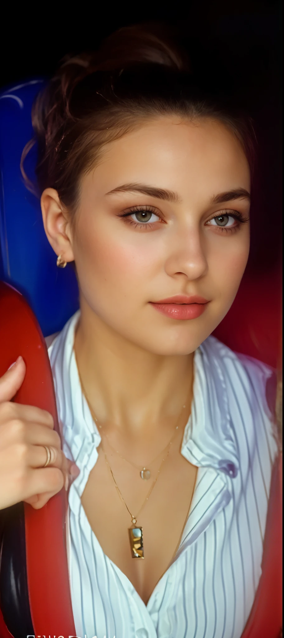 Blond dark brown hair, (RAW photo), (realism: 1.8), (gloss red lipstick, many eyelashes, dark black eye shadow, shy, blushing, high quality, high resolution, beach depth of field, chromatic aberration, caustic, wide light, dark pink fair glossy skin, (21 year old woman), stylish college girl, only pink bikini, lots of exposure, pose, visible 8k resolutions,