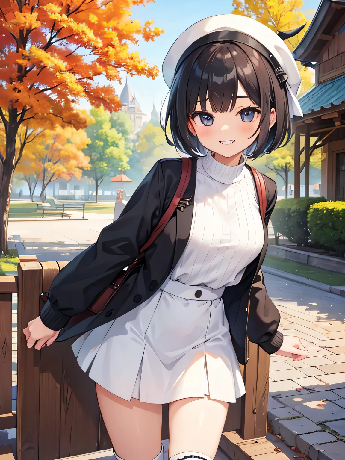 (1) A woman is rolling up her skirt by herself.
(2) Her white lace panties are peeking out from her rolled up skirt..
(3) she has short black hair.
(4) She is wearing a white turtle knit and long boots.
(5) she has a charming charm, a smiling expression on her face.
(6) The location is an autumn amusement park.
