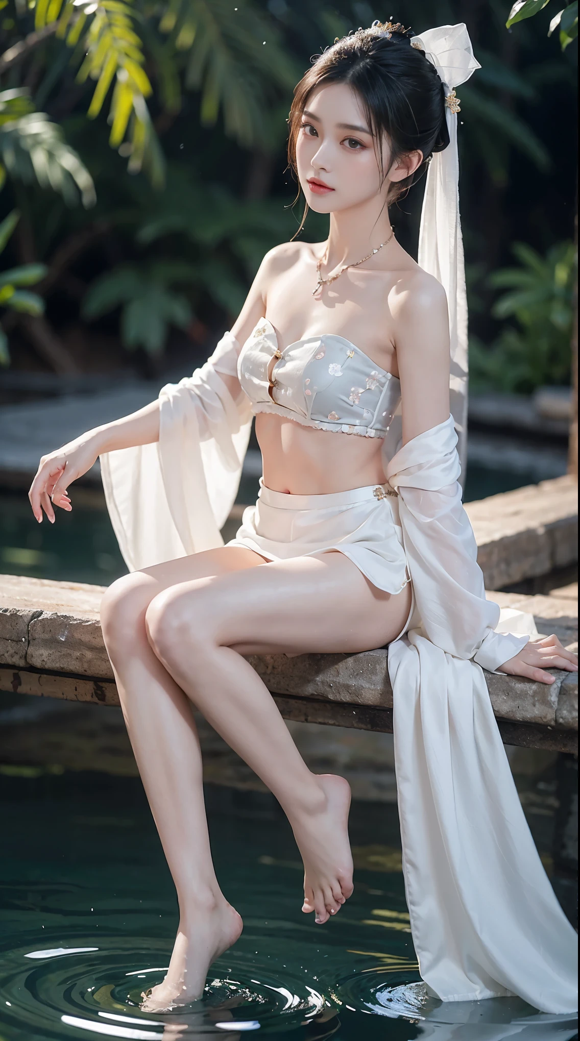 best picture quality，extremely high resolution，Very detailed，stunning girl，sitting in the pool，long eyelashes，big eyes，shining eyes，lying silkworm，plump lips，small nose，a happy expression，Sweet，Exquisite makeup，full-body shot，snow white skin，slim figure，take off shoulders，clavicle，abdomenband，abdomen，abdomen button，Slender white legs，White and tender skin，White embroidered mini skirt，necklace，Showing thighs，lace，Sweet，long hair flying，best quality，masterpiece，full-body shot，facial focus，slim figure，细腰白色abdomenband，imagine，full-body shot
Model: Hanfu, CFG scale: 7, Hire high-end talents: 1.5, Laura: future fashion(0.4)、neon(0.4)、martial arts(0.8)、Asian Face Girls-2(0.4)、poetic fairy tale(0.01)