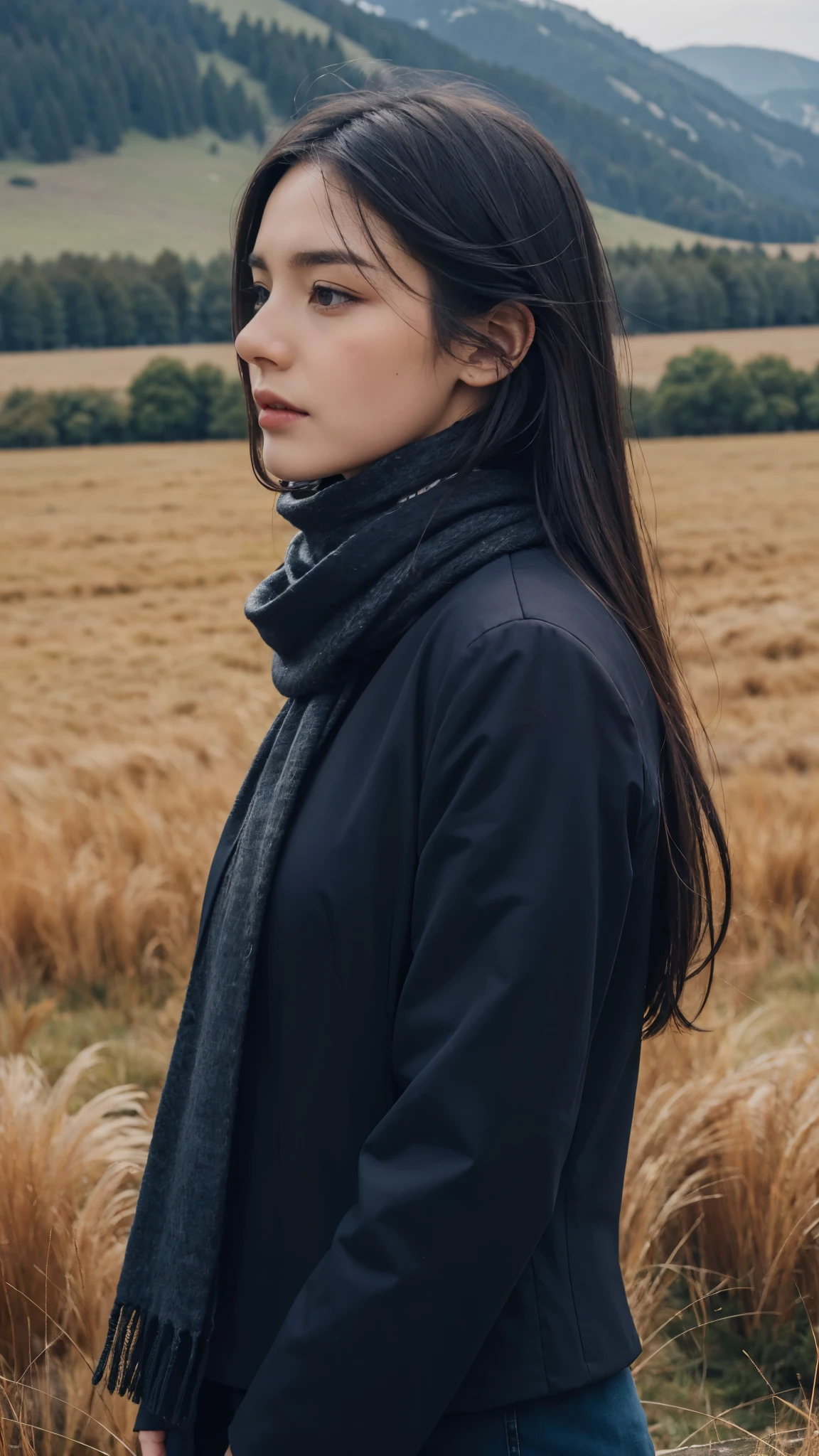 8k, highest quality, masterpiece, realistic, Super detailed, photo realistic, Improvement of quality, 
Photo of a girl standing in a field with a scarf, In a dark and brooding designer style, voluminous mass, photo bash, calm face, jagged edges, navy, beauty of nature, close up shot
