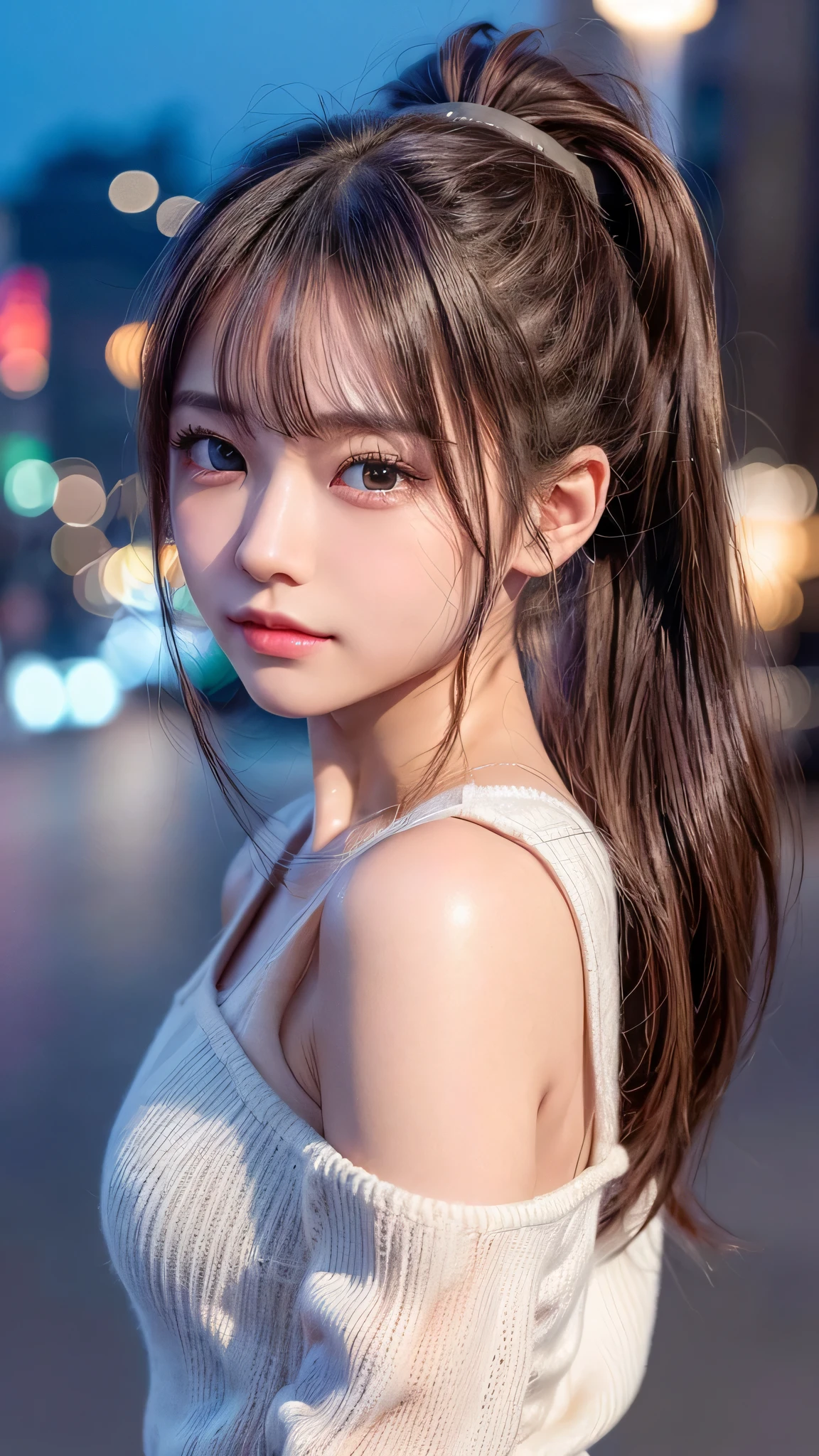 blush,14 years old,small breasts,winter,european cityscape,night,long hair ponytail,outdoors,warm winter clothes,wearing a hoodie with a hood,wearing jeans,close up of face,((8K, Raw photo, best quality, muste piece:1.2), (Reality, photorealistic:1.4), (Highly detailed 8K wallpaper), Depth of the bounds written, cinematic lighting, soft light, detailed beauty eye,Shiny and smooth light brown ponytail, asymmetrical bangs, shiny skin, super detailed skin ,high resolution, high detail, detailed hairstyle, detailed beauty face, hyper real, perfect limbs, perfect anatomy ,1 Japanese girl,famous japanese idol, perfect female body,shy smile,short eyelashes,double-edged eyelids,look straight here,Hair style is ponytail,