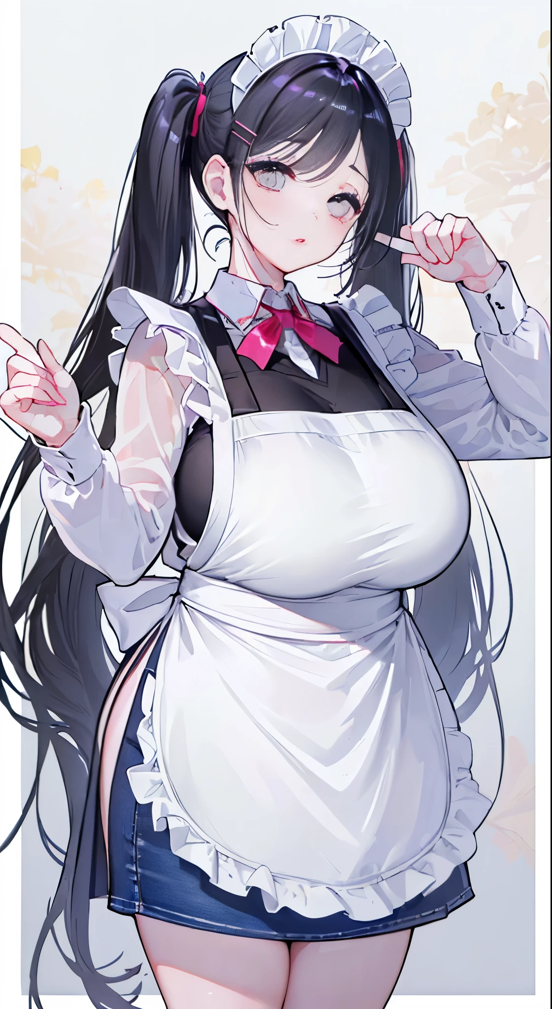 "(perfect masterpiece:1.2), (highest quality:1.2), stunning face,  compensate, long and luxurious eyelashes, lip whole, irresistible charisma.",(((mature woman))),(((twin tails)))，raised his arms,NSFW,(((Chubby)))，((((apron)))，hair clip，wallpaper，black hair，very long bangs，hair between eyes，(((Are fat)))，((((Mother))))，lipstick，jeans，((((side))))