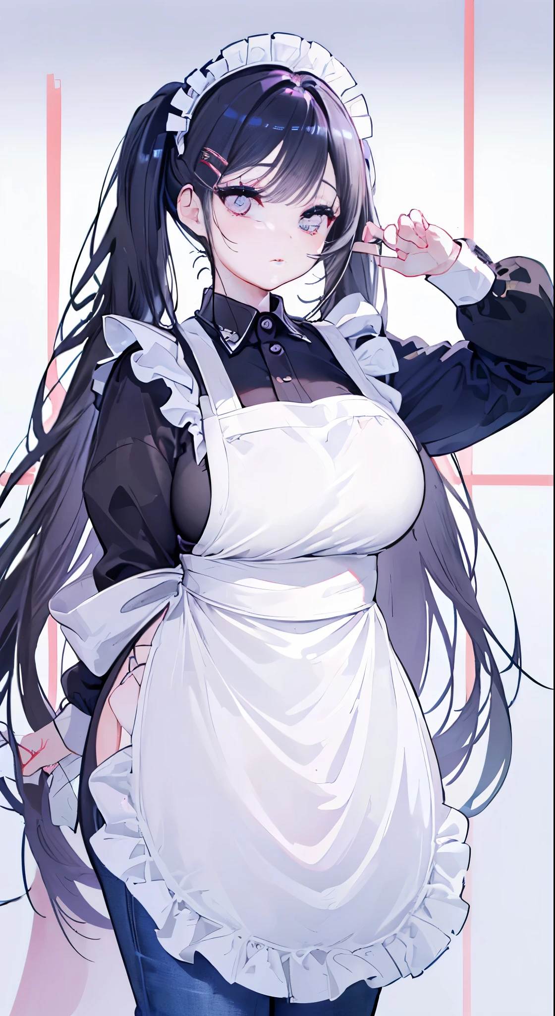 "(perfect masterpiece:1.2), (highest quality:1.2), stunning face,  compensate, long and luxurious eyelashes, lip whole, irresistible charisma.",(((mature woman))),(((twin tails)))，raised his arms,NSFW,(((Chubby)))，((((apron)))，hair clip，wallpaper，black hair，very long bangs，hair between eyes，(((Are fat)))，((((Mother))))，lipstick，jeans，((((side))))