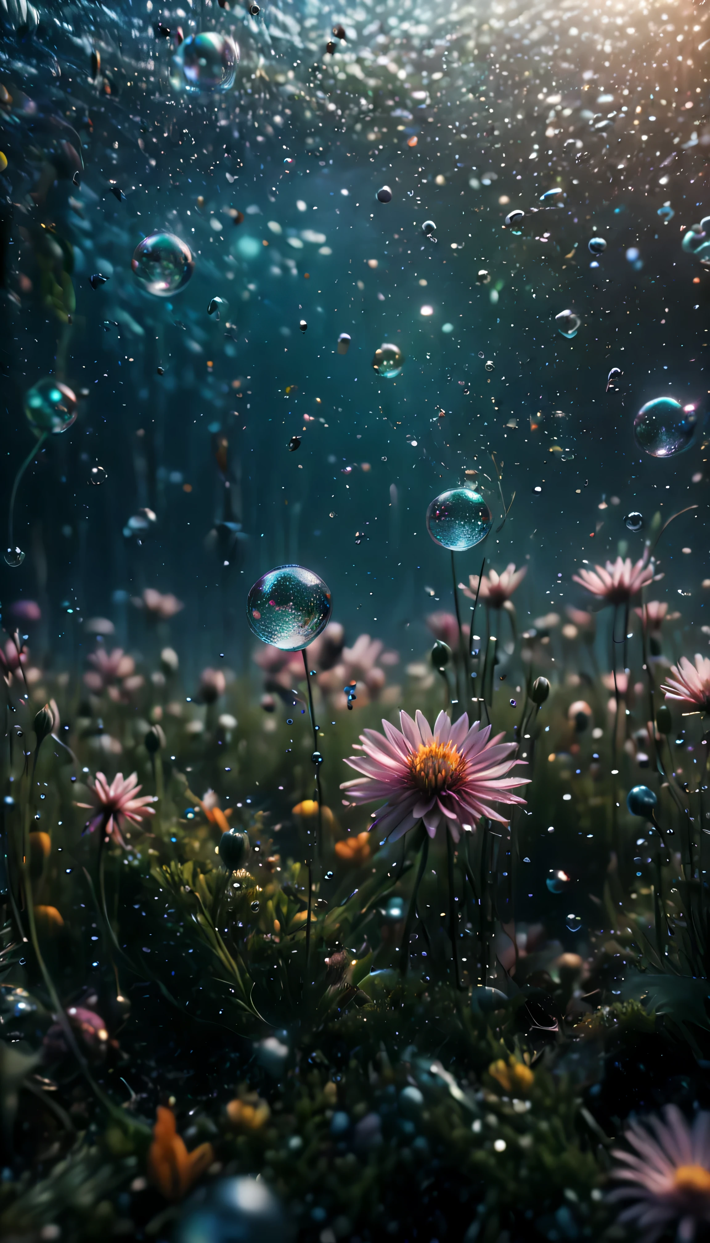 ((Masterpiece in maximum 16K resolution):1.6),((soft_color_photograpy:)1.5), ((Ultra-Detailed):1.4),((Movie-like still images and dynamic angles):1.3),| (cinematic photo of flower field under the of sea), (macro lens), (under water bubbles), (shimmer), (visual experience) ,(Realism), (Realistic),award-winning graphics, dark shot, film grain, extremely detailed, Digital Art, rtx, Unreal Engine, scene concept anti glare effect, All captured with sharp focus.