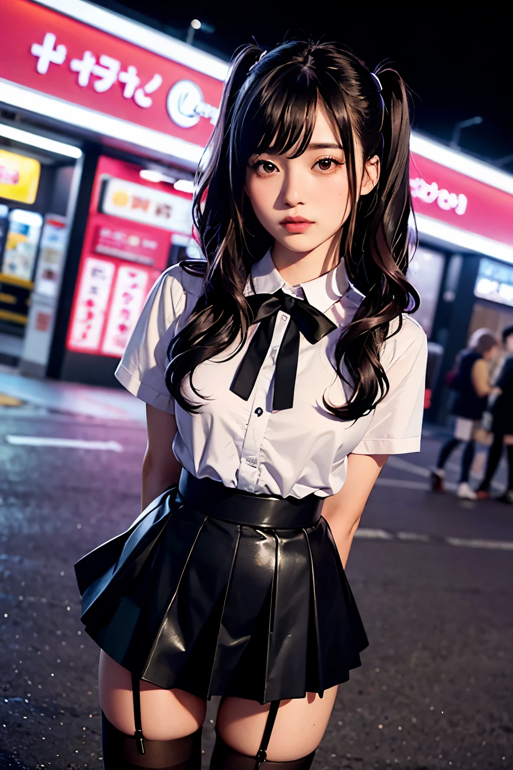 （In 8K, best quality, muste piece:1.2)、ultra high resolution,1 female 18 years old,ultra-detailed face,detailed eyes,long eyelashes,two side up,(black hair,pink streaked hair),jirai fashion, pink blouse with frills and ribbon,black skirt,black garter belt and knee high socks,arms behind back,cinema lighting, night,Shinjuku、In front of the convenience store