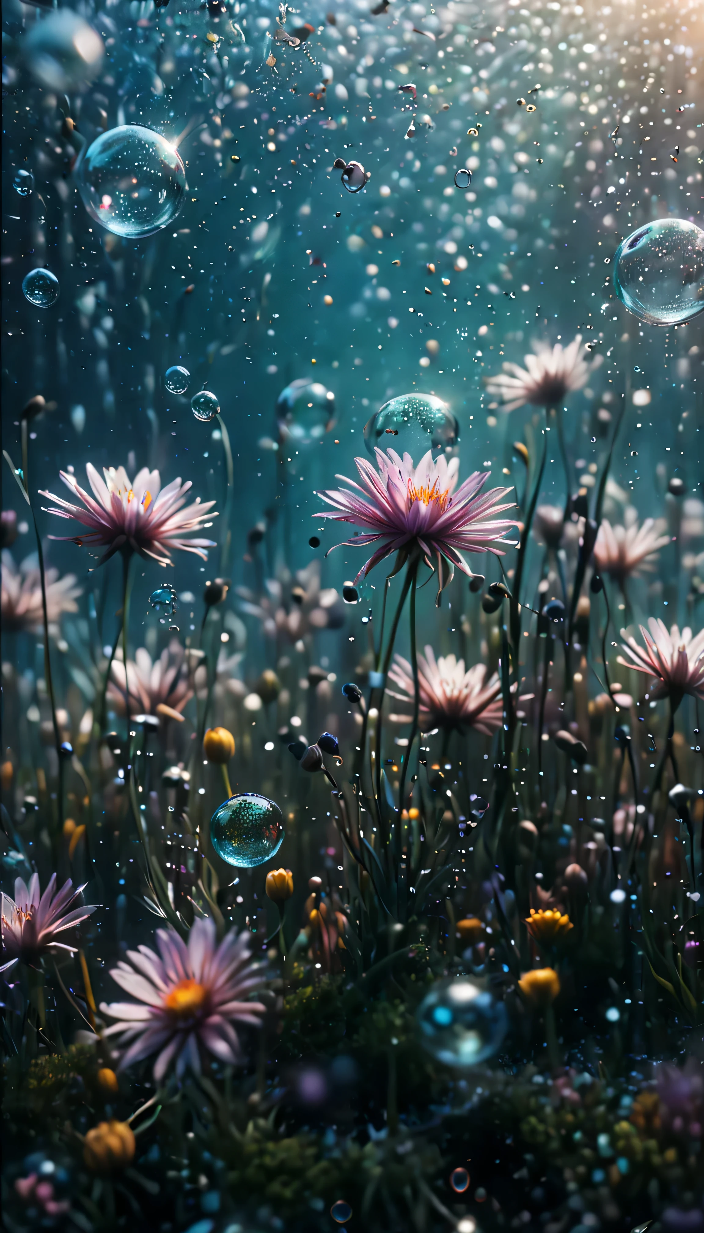 ((Masterpiece in maximum 16K resolution):1.6),((soft_color_photograpy:)1.5), ((Ultra-Detailed):1.4),((Movie-like still images and dynamic angles):1.3),| (cinematic photo of flower field under the of sea), (macro lens), (under water bubbles), (shimmer), (visual experience) ,(Realism), (Realistic),award-winning graphics, dark shot, film grain, extremely detailed, Digital Art, rtx, Unreal Engine, scene concept anti glare effect, All captured with sharp focus.