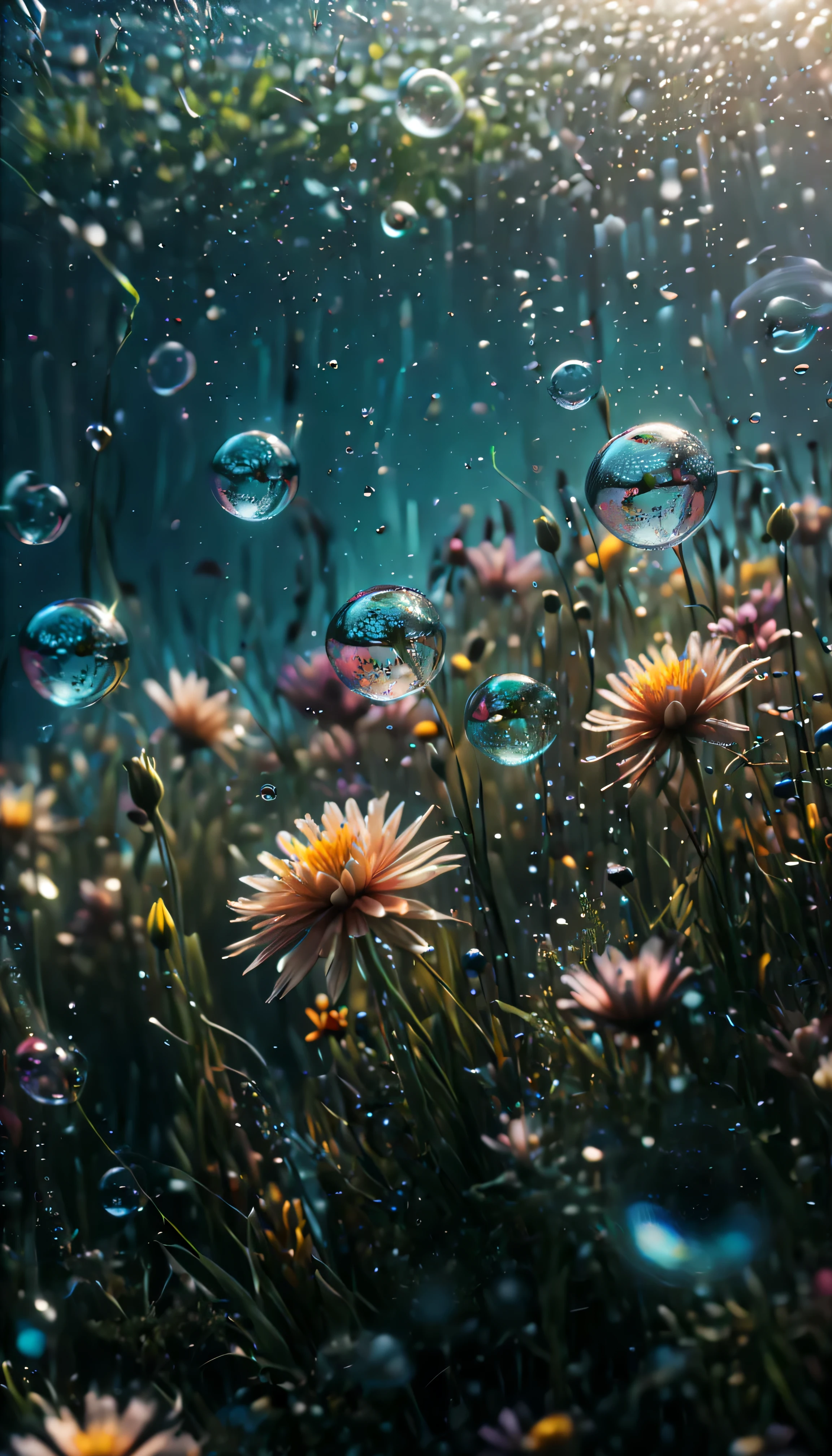 ((Masterpiece in maximum 16K resolution):1.6),((soft_color_photograpy:)1.5), ((Ultra-Detailed):1.4),((Movie-like still images and dynamic angles):1.3),| (cinematic photo of flower field under the of sea), (macro lens), (under water bubbles), (shimmer), (visual experience) ,(Realism), (Realistic),award-winning graphics, dark shot, film grain, extremely detailed, Digital Art, rtx, Unreal Engine, scene concept anti glare effect, All captured with sharp focus.