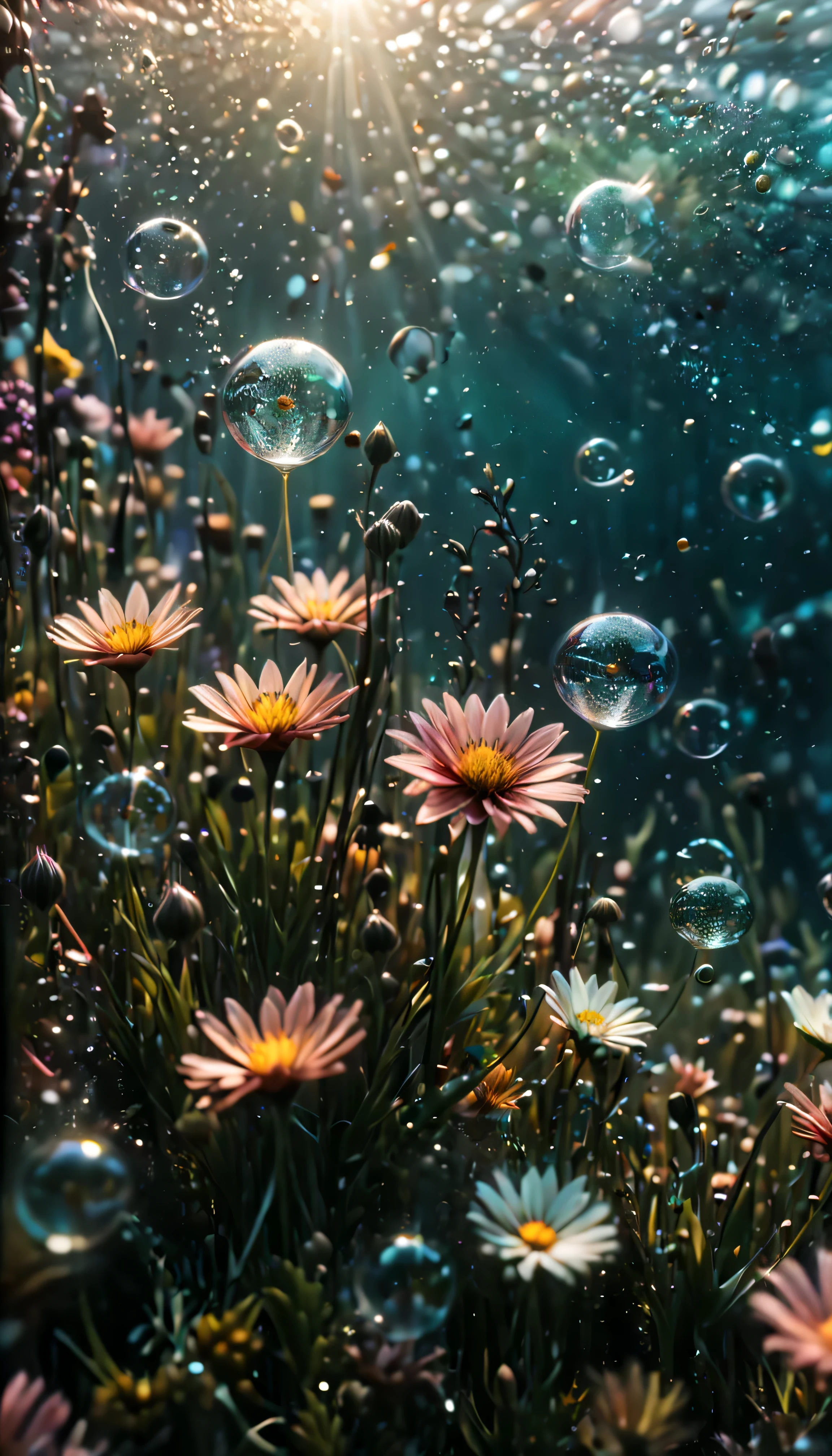 ((Masterpiece in maximum 16K resolution):1.6),((soft_color_photograpy:)1.5), ((Ultra-Detailed):1.4),((Movie-like still images and dynamic angles):1.3),| (cinematic photo of flower field under the of sea), (macro lens), (under water bubbles), (shimmer), (visual experience) ,(Surrealism), (Surrealistic),award-winning graphics, dark shot, film grain, extremely detailed, Digital Art, rtx, Unreal Engine, scene concept anti glare effect, All captured with sharp focus.