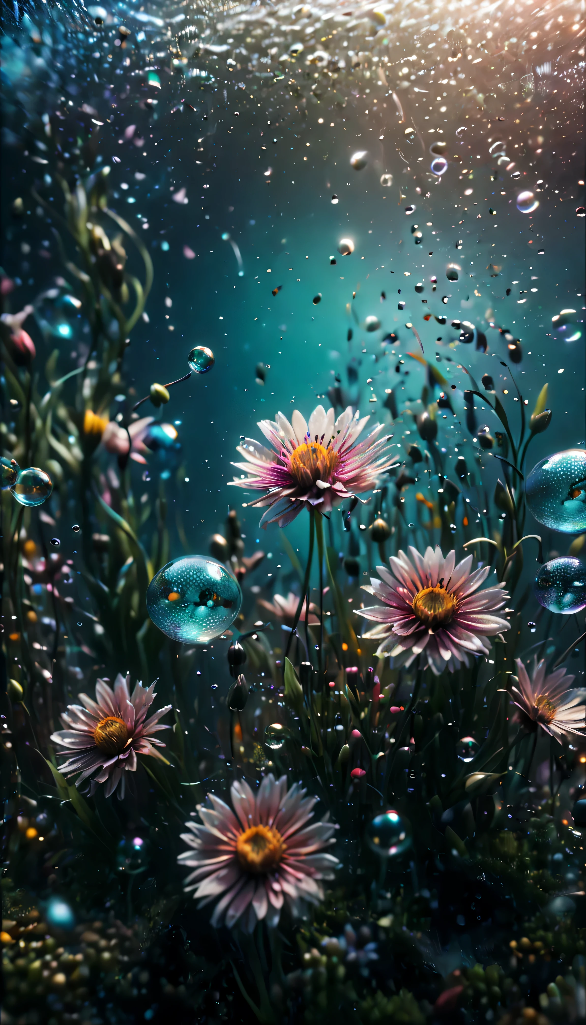 ((Masterpiece in maximum 16K resolution):1.6),((soft_color_photograpy:)1.5), ((Ultra-Detailed):1.4),((Movie-like still images and dynamic angles):1.3),| (cinematic photo of flower field under the of sea), (macro lens), (under water bubbles), (shimmer), (visual experience) ,(Realism), (Realistic),award-winning graphics, dark shot, film grain, extremely detailed, Digital Art, rtx, Unreal Engine, scene concept anti glare effect, All captured with sharp focus.