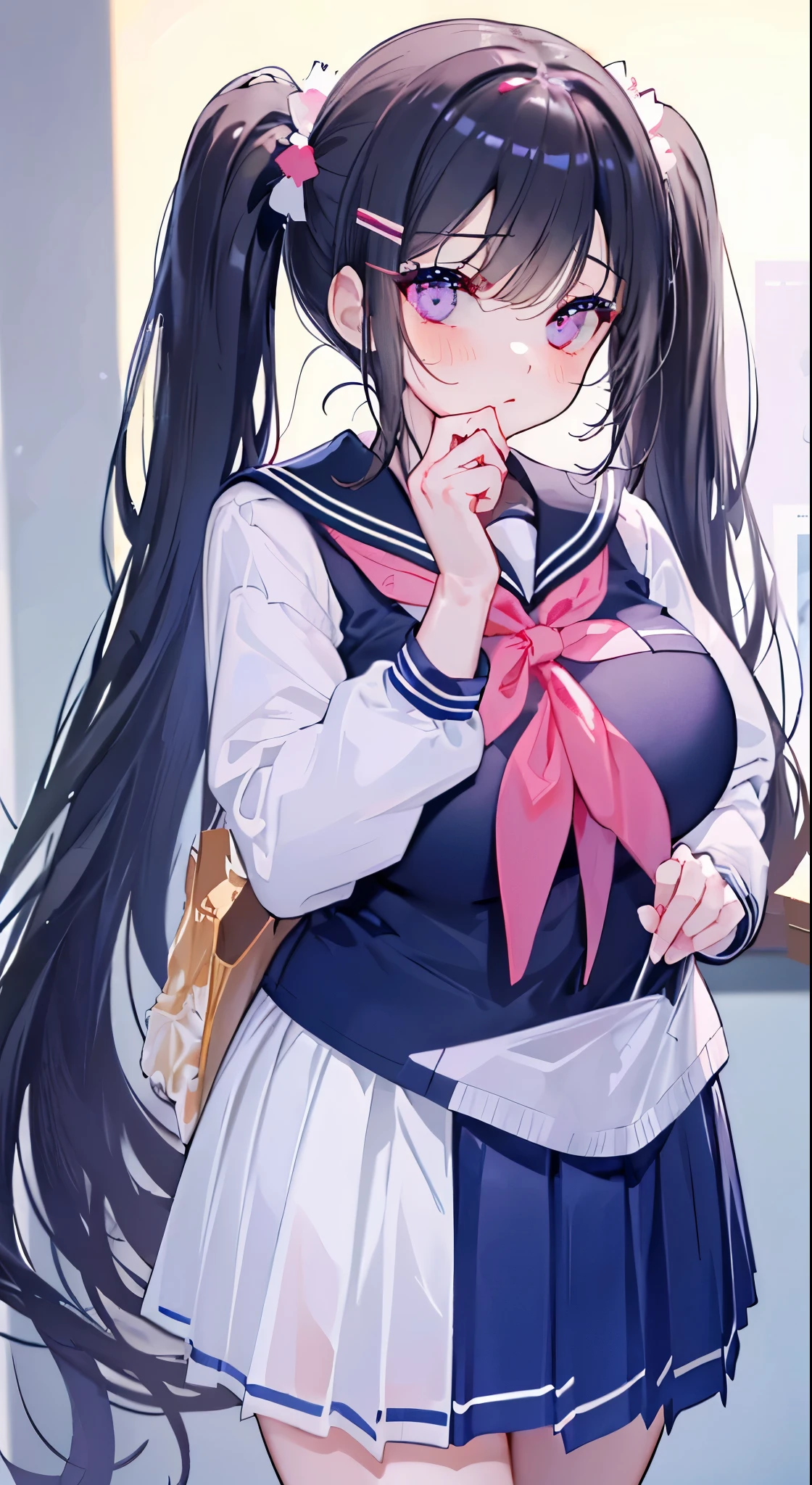 "(perfect masterpiece:1.2), (highest quality:1.2), stunning face,  compensate, long and luxurious eyelashes, lip whole, irresistible charisma.",(((mature woman))),(((twin tails)))，raised his arms,NSFW,(((Chubby)))，((((school uniform)))，hair clip，wallpaper，black hair，very long bangs，hair between eyes，(((Are fat)))，((((Mother))))，lipstick，((((side))))