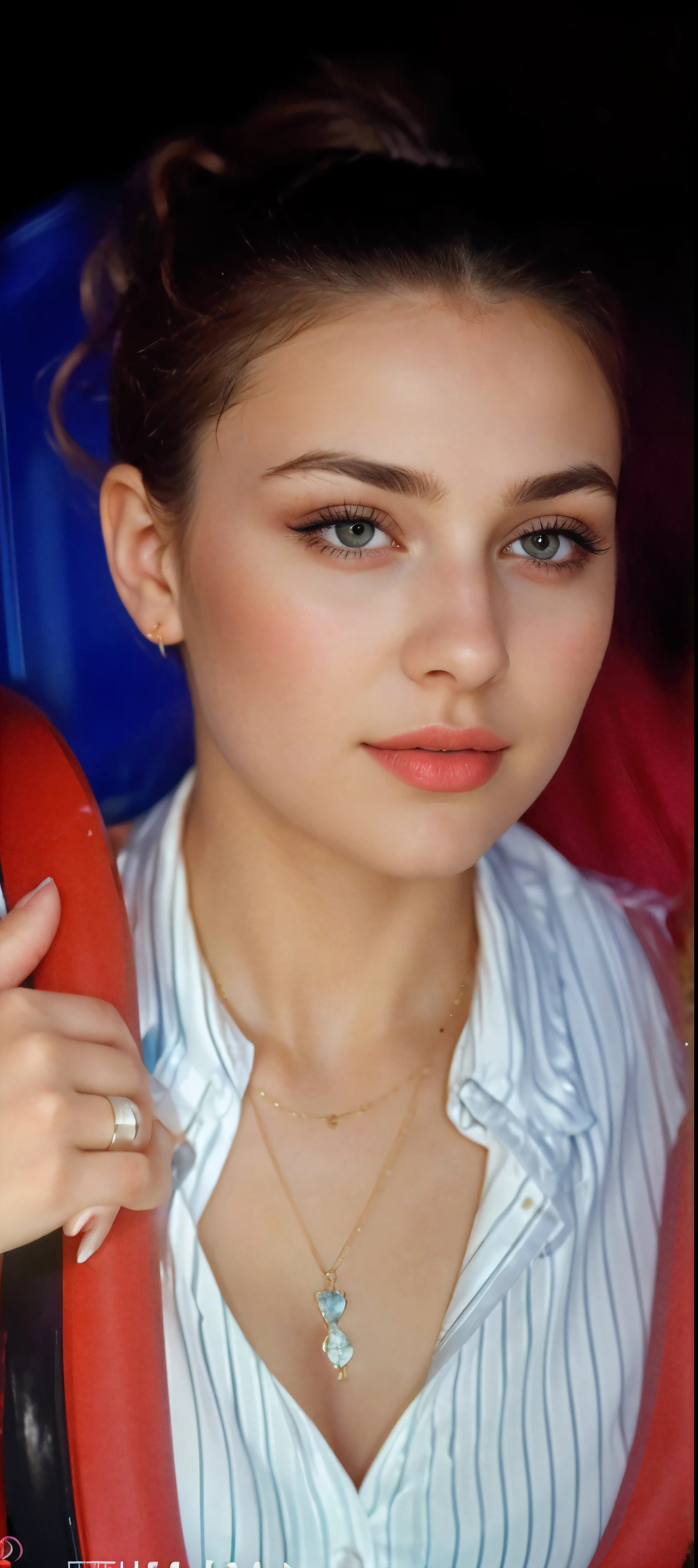 Blond dark brown hair, (RAW photo), (realism: 1.8), (gloss red lipstick, many eyelashes, dark black eye shadow, shy, blushing, high quality, high resolution, beach depth of field, chromatic aberration, caustic, wide light, dark pink fair glossy skin, (21 year old woman), stylish college girl, only pink bikini, lots of exposure, pose, visible 8k resolutions,