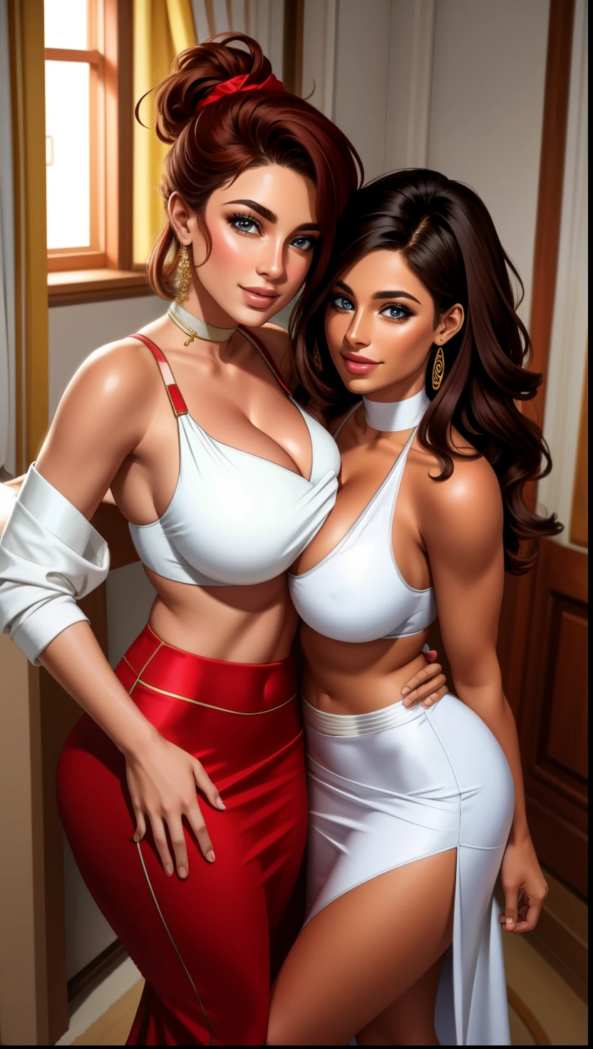 two women in white and red outfits posing for a picture, 2girls, lesbian, midriff, cleavage