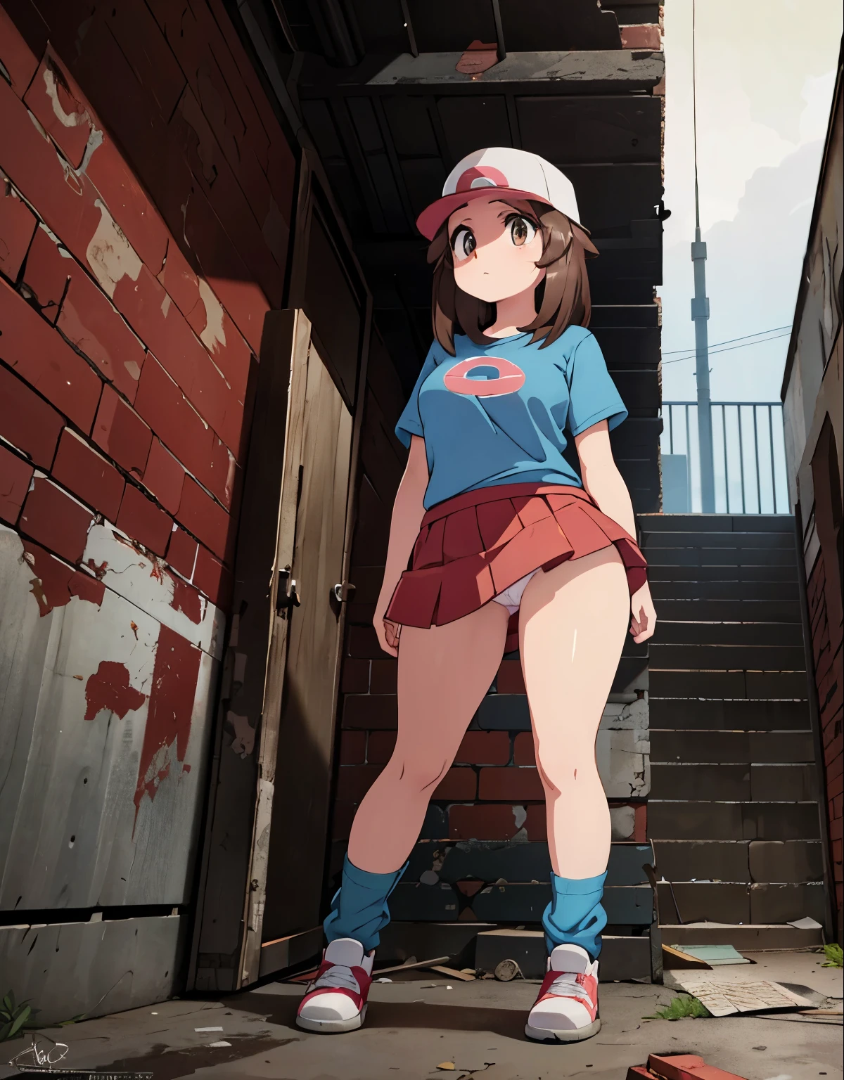 a girl climbing up metal Emergency stairs, inside an abandoned factory, her butt fully exposed, she is looking at the camera with embarrassment and anger, (best quality, 4k, highres, masterpiece:1.2), ultra-detailed, (realistic, photorealistic:1.37), pokemon leaf, visible thighs, red skirt, blue shirt, brown eyes, loose socks, white footwear, upskirt, pink panties, body shape, chubby thighs, thick thighs,beautiful detailed eyes, industrial aesthetic, gritty atmosphere, dark and moody lighting, rusty textures, aged and decaying surroundings, distressed brick walls, broken windows, eerie silence, lo-fi photography style, desaturated colors, intense shadows, sharp focus, dramatic composition, nsfw