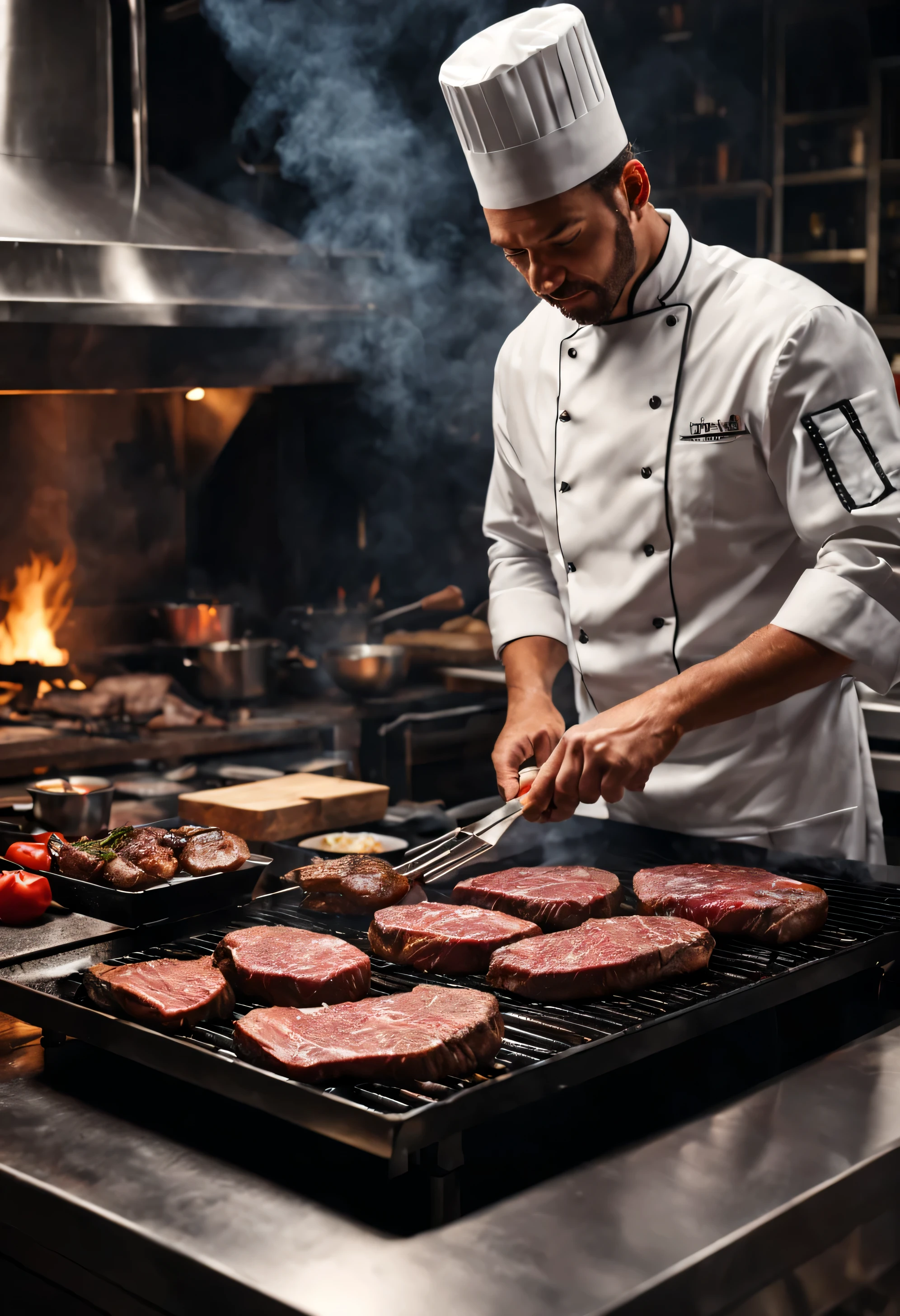 : Ultra Realistic photo a chef grilling perfectly marbled steaks in a chic American steakhouse kitchen, streaming details high quality background 8k, --ar 16:9