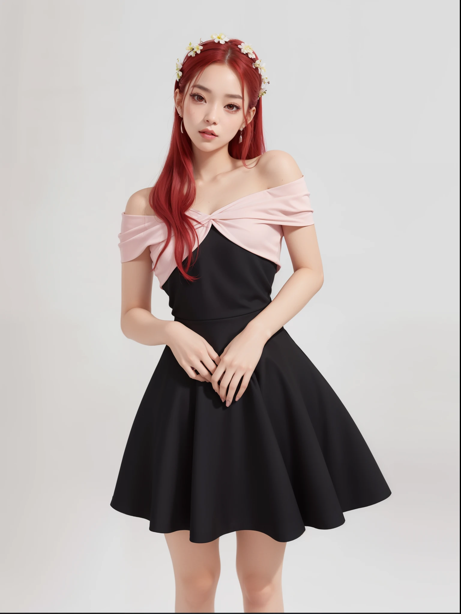 Mujer araffe con cabello rojo con un vestido negro y un top rosa., vestido negro y rosa, vestido tubo, chica anime con un vestido negro, portrait of jossi de blackpink, modelo de moda femenina coreana, vestido negro y rojo, jossi de blackpink, rosa y negro, vestido oscuro, jia, vestido sin tirantes, amy sol al estilo de